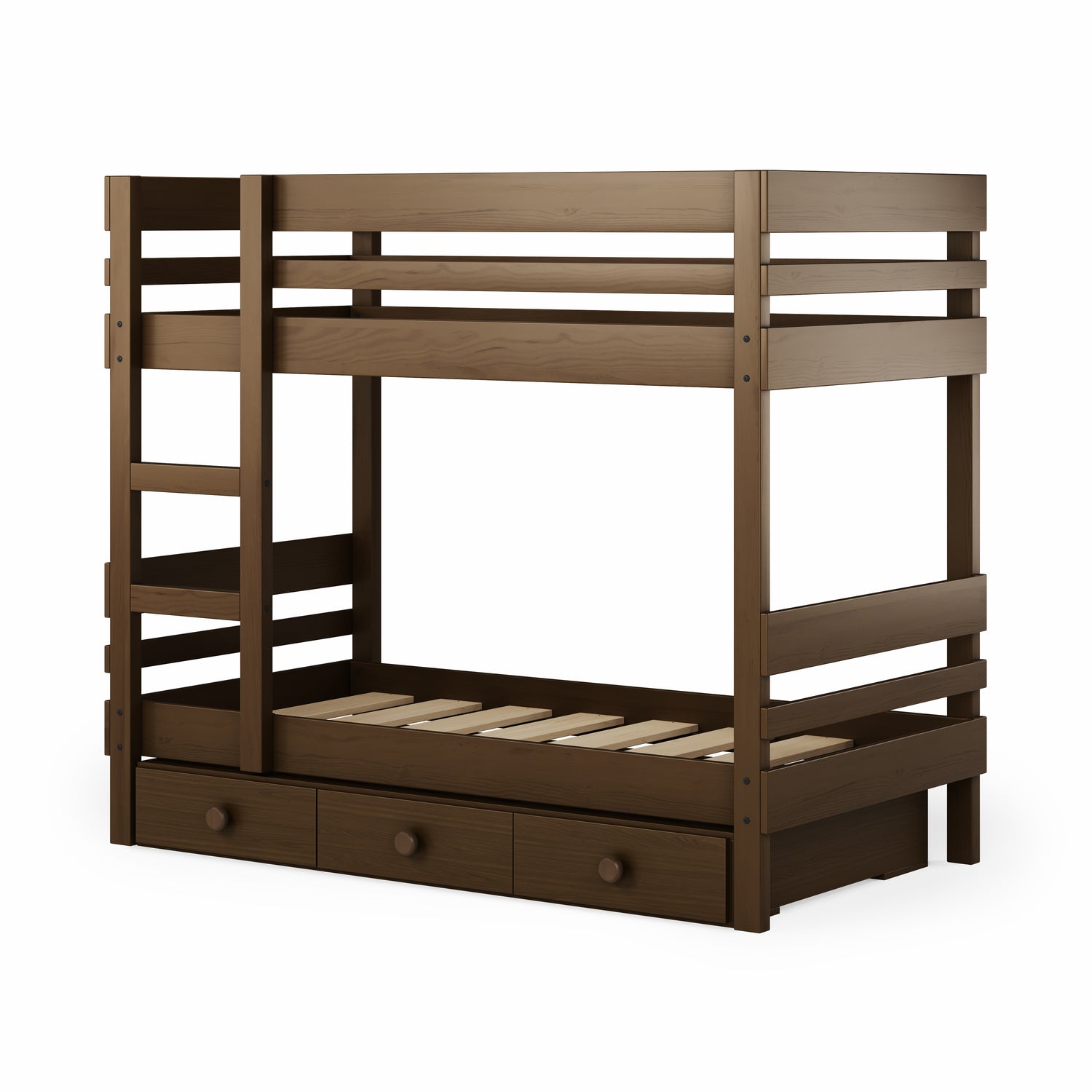 Native elm bunk bed with side ladder access and two under bed drawers.