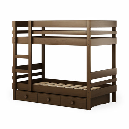 Native elm bunk bed with side ladder access and two under bed drawers.