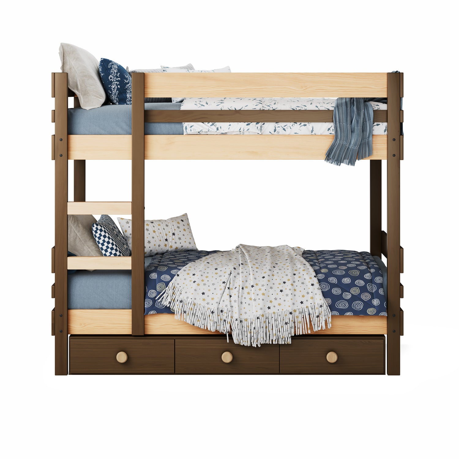 Native elm bunk bed with side ladder access and three under-bed drawers, styled with blue bedding.