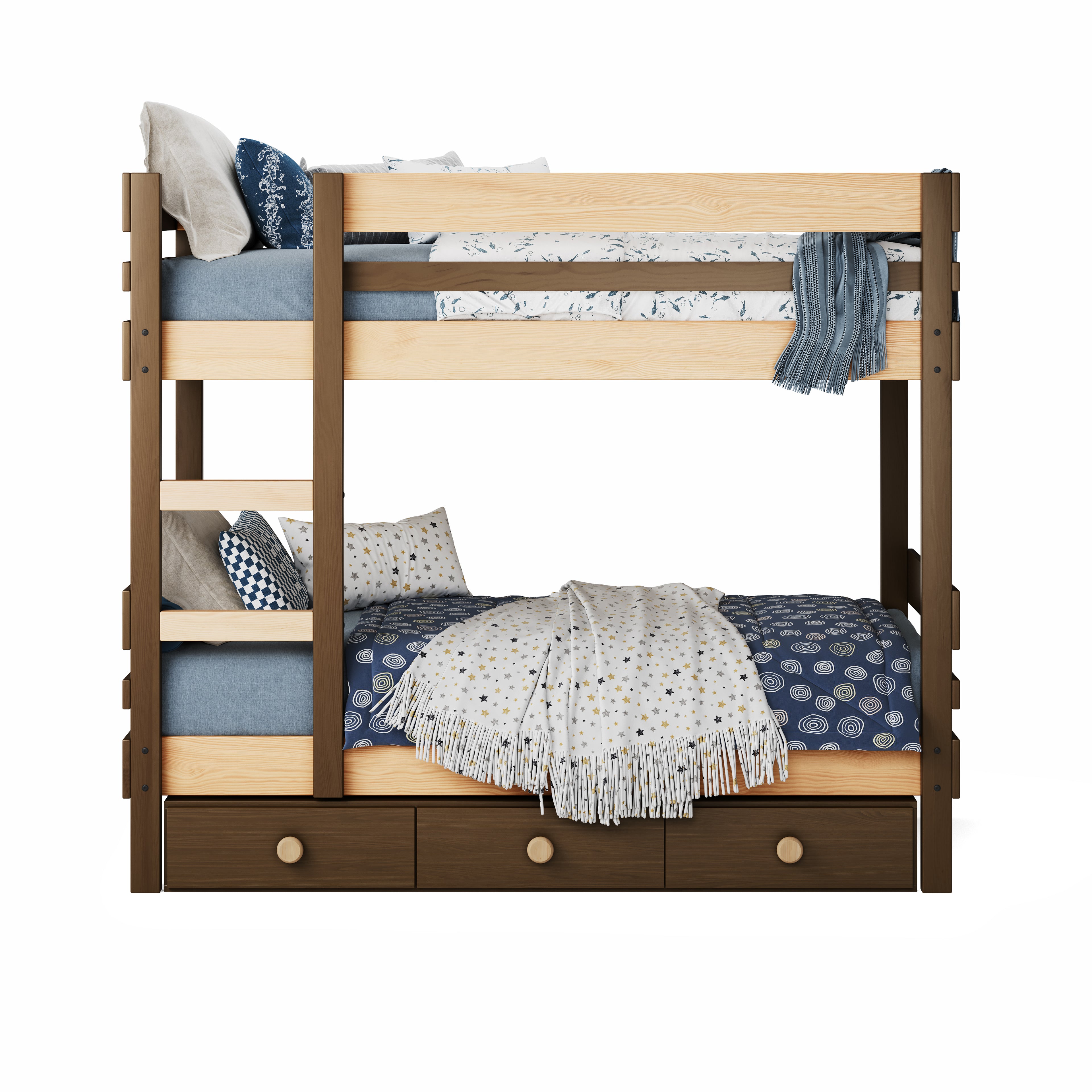 Native elm bunk bed with side ladder access and three under-bed drawers, styled with blue bedding.