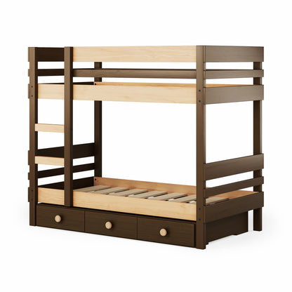 Wooden bunk bed with side ladder access and three built-in drawers in dark finish.