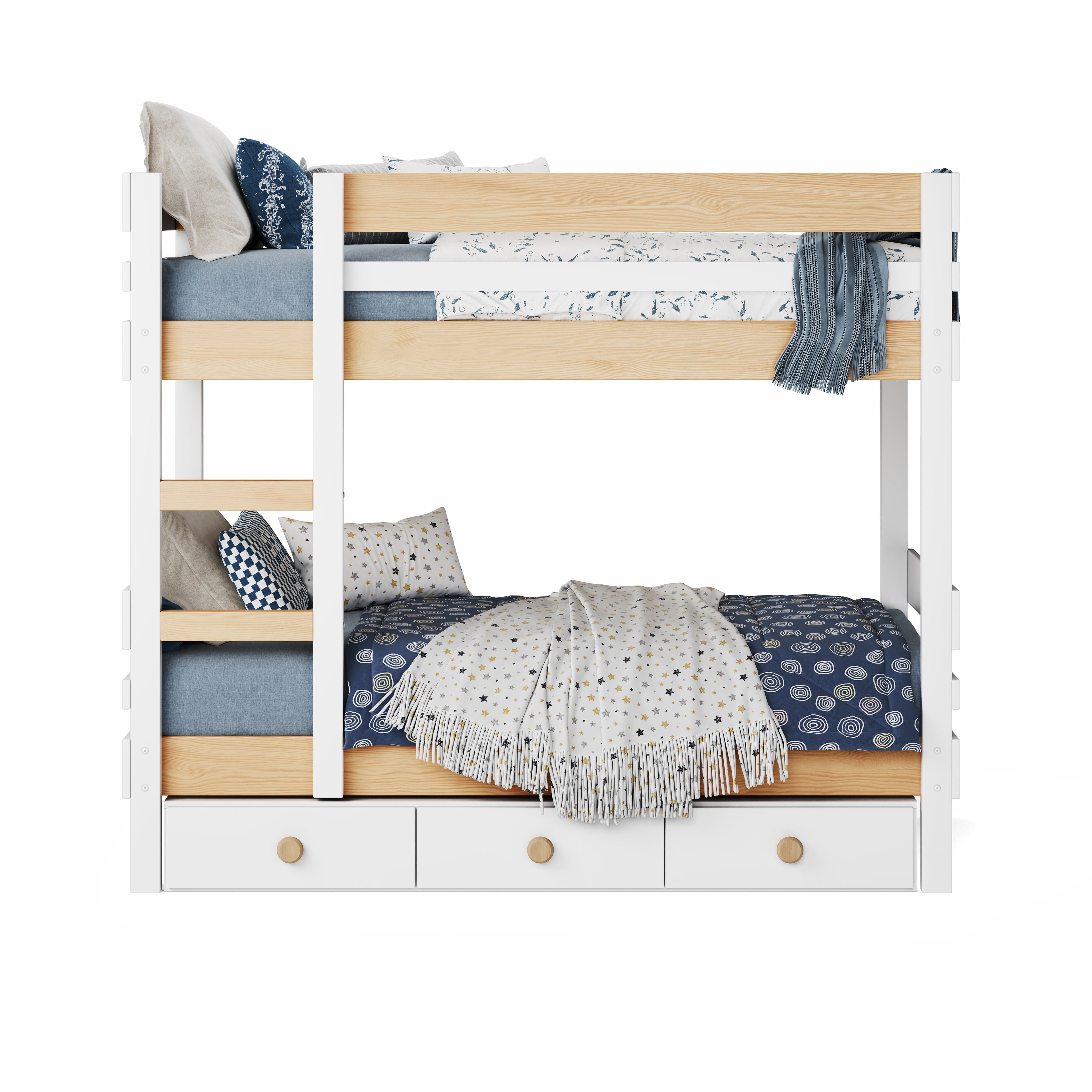 White bunk bed with side ladder access, natural wood slats, and under bed drawers.