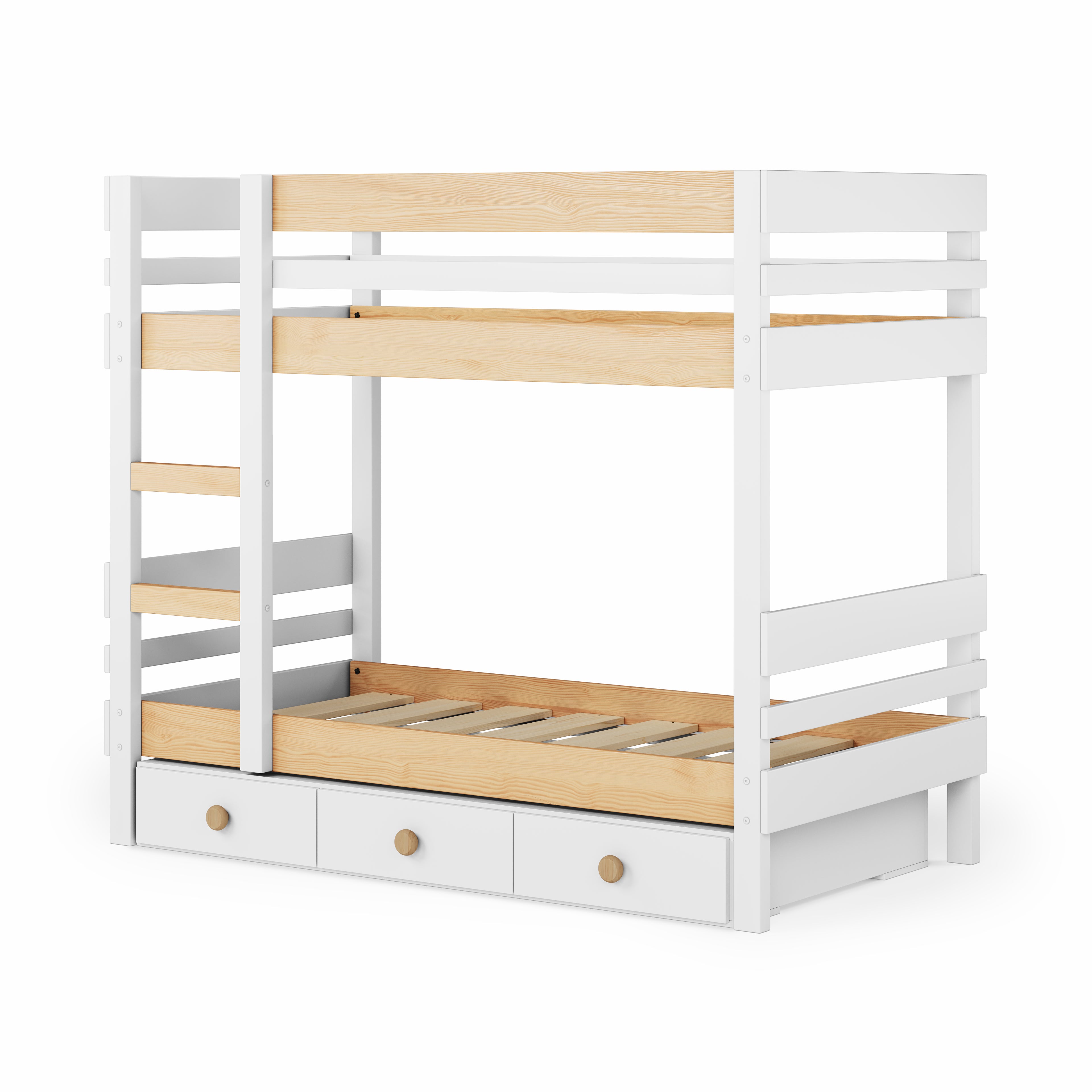 White wooden bunk bed with side ladder access and three under-bed drawers.