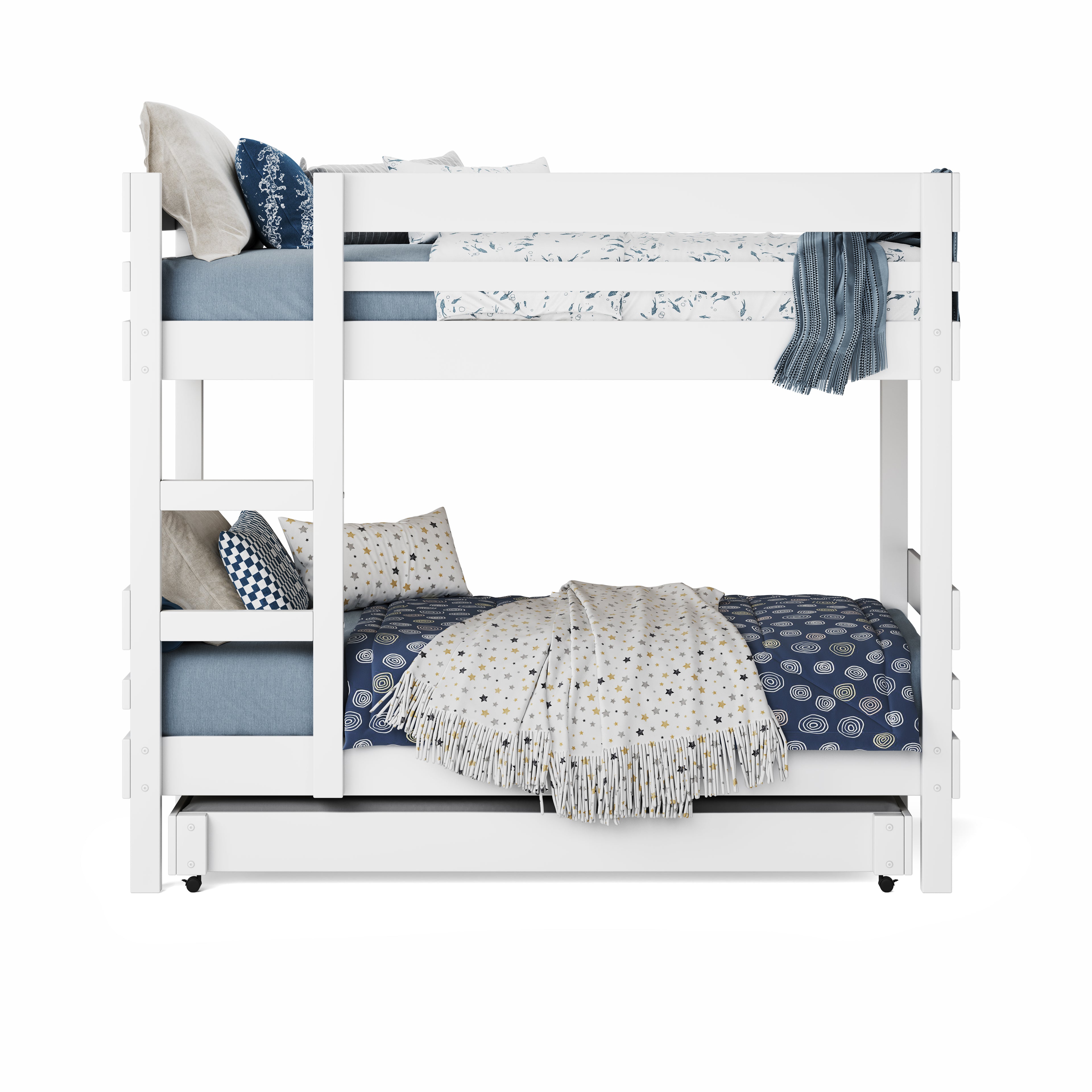White bunk bed with side ladder access, guardrails, and trundle bed below.