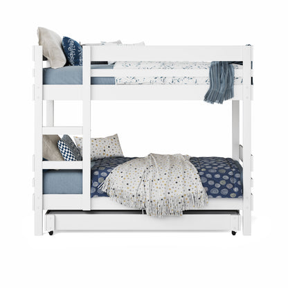White bunk bed with side ladder access, guardrails, and trundle bed below.