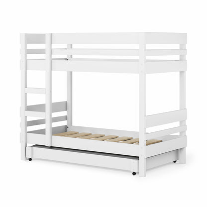 White bunk bed with side ladder access and wooden slats, single size frame and trundle base.