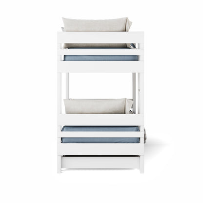 White wooden bunk bed with side ladder access and blue bedding on both levels.