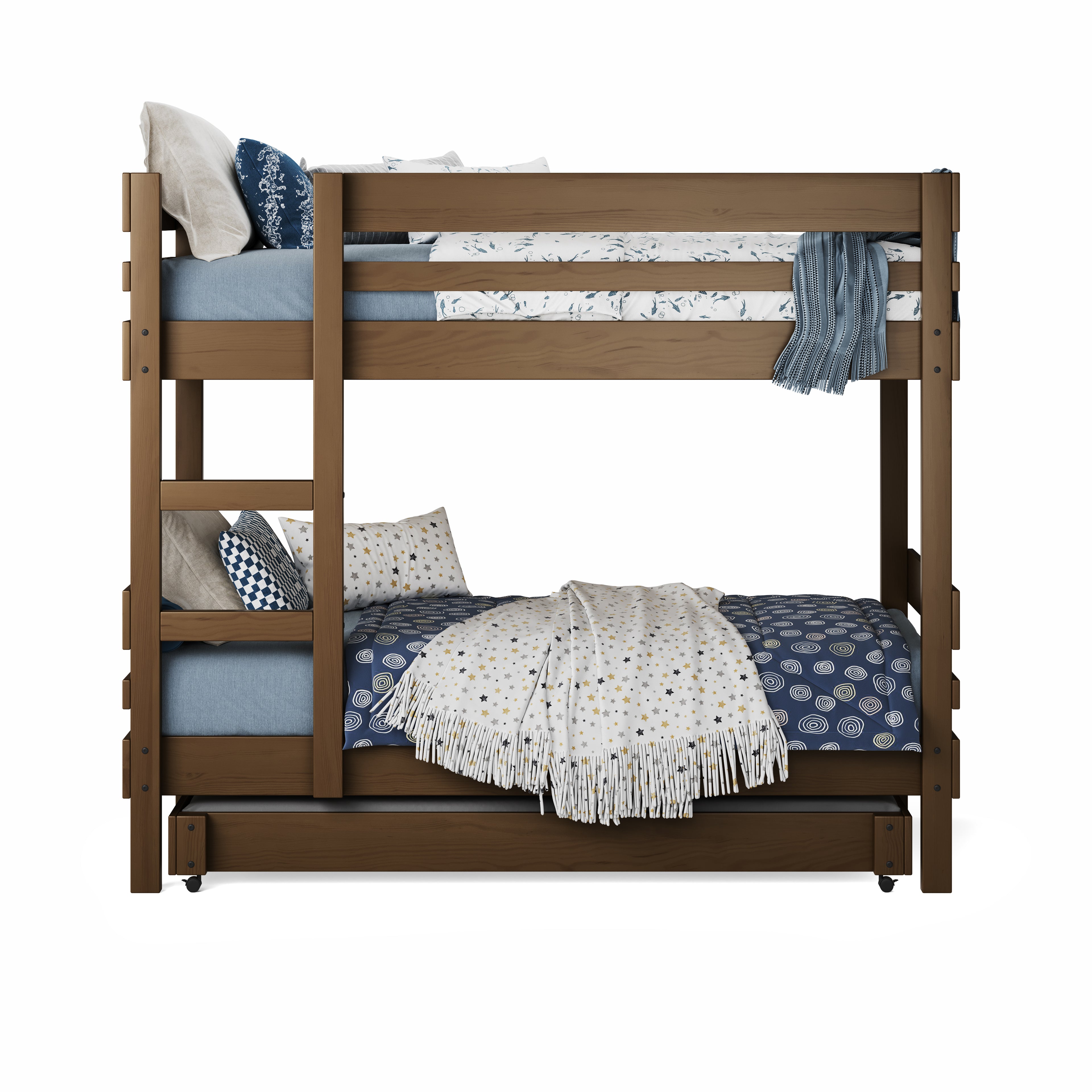 Native elm bunk bed with side ladder access and a trundle drawer below lower bed.