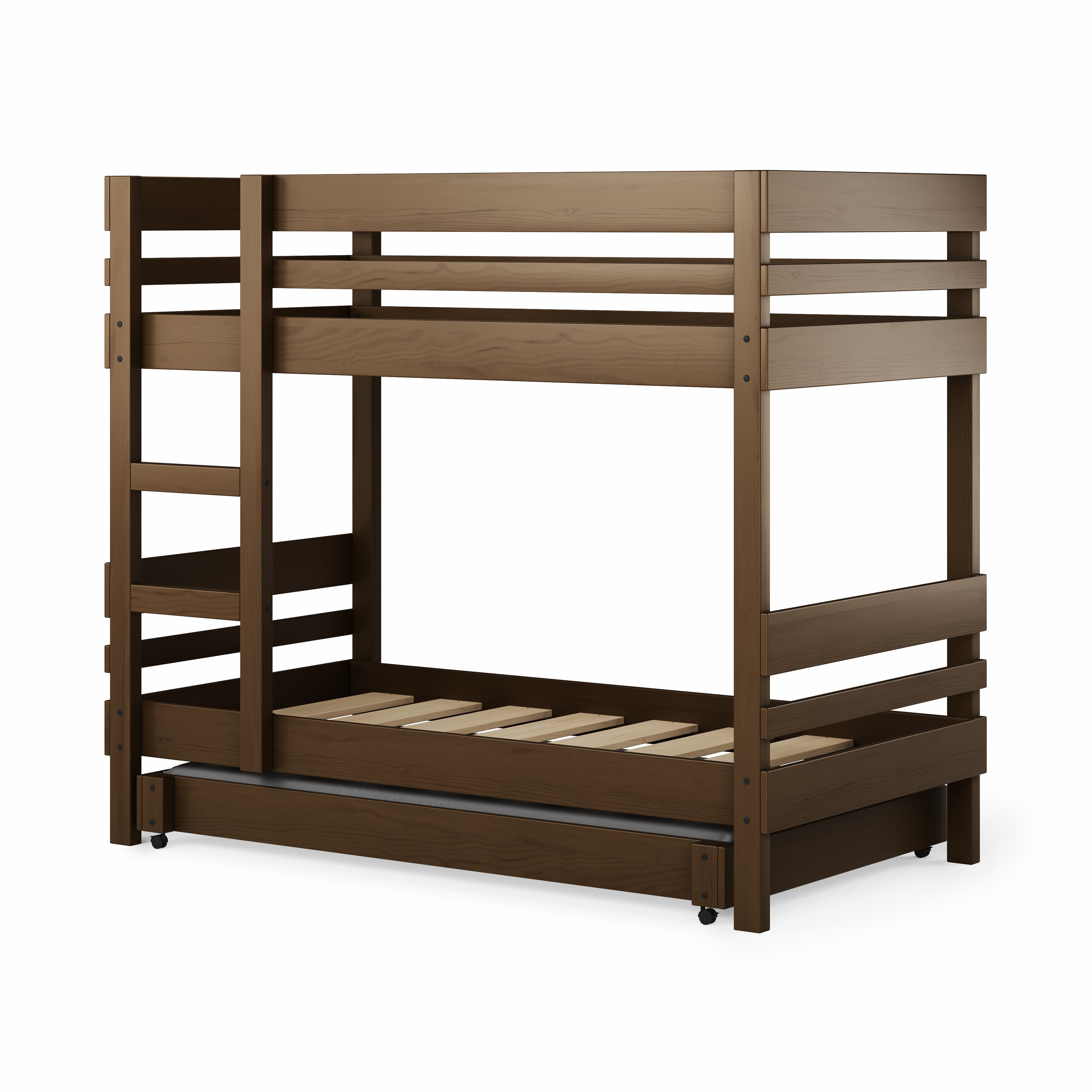 Wooden bunk bed with side ladder access in native elm finish and slatted base.