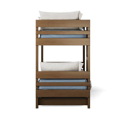 Native elm finish bunk bed with side ladder access and guardrails on top bunk.