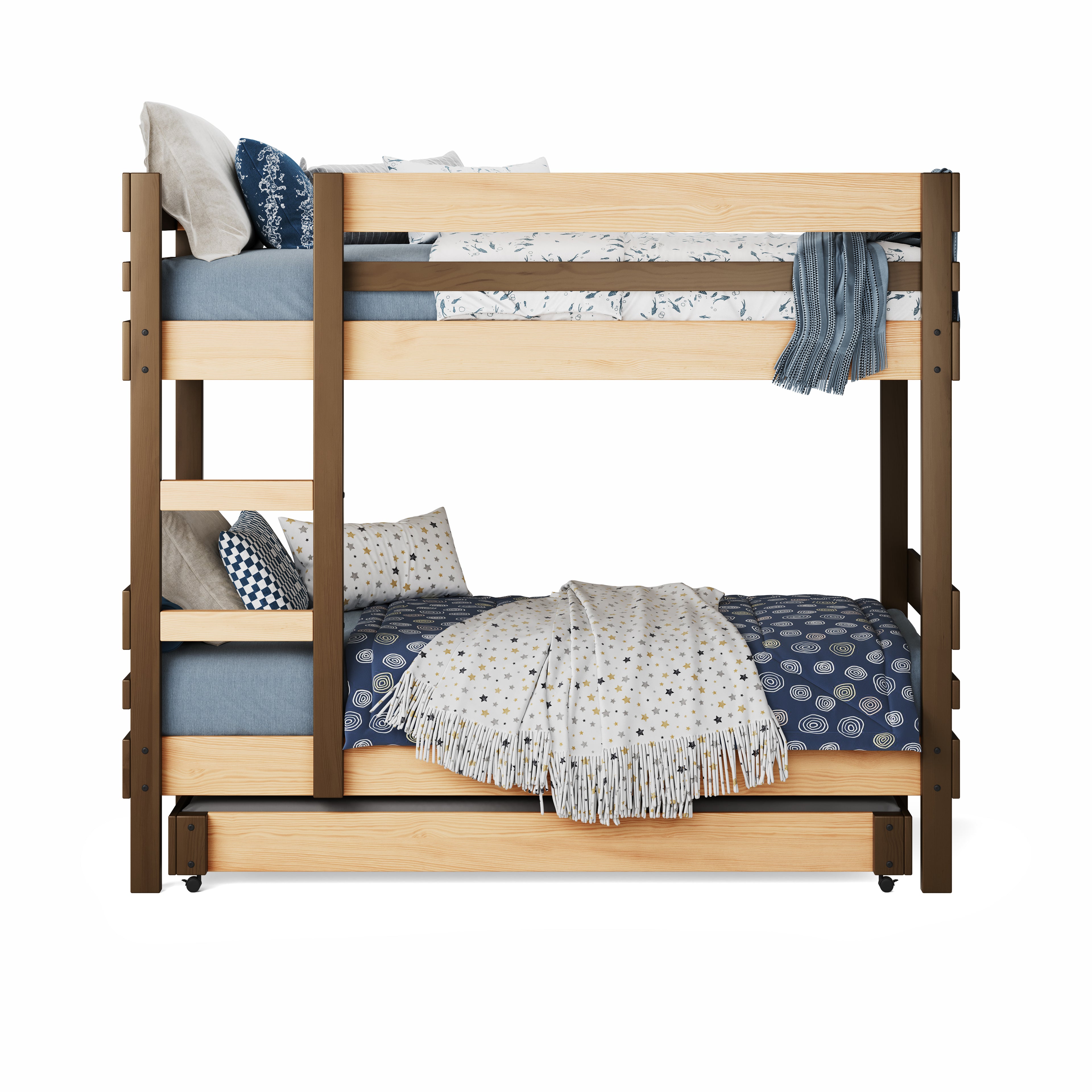 Bunk bed with side ladder access in natural elm wood, twin over twin with bedding and trundle drawer.