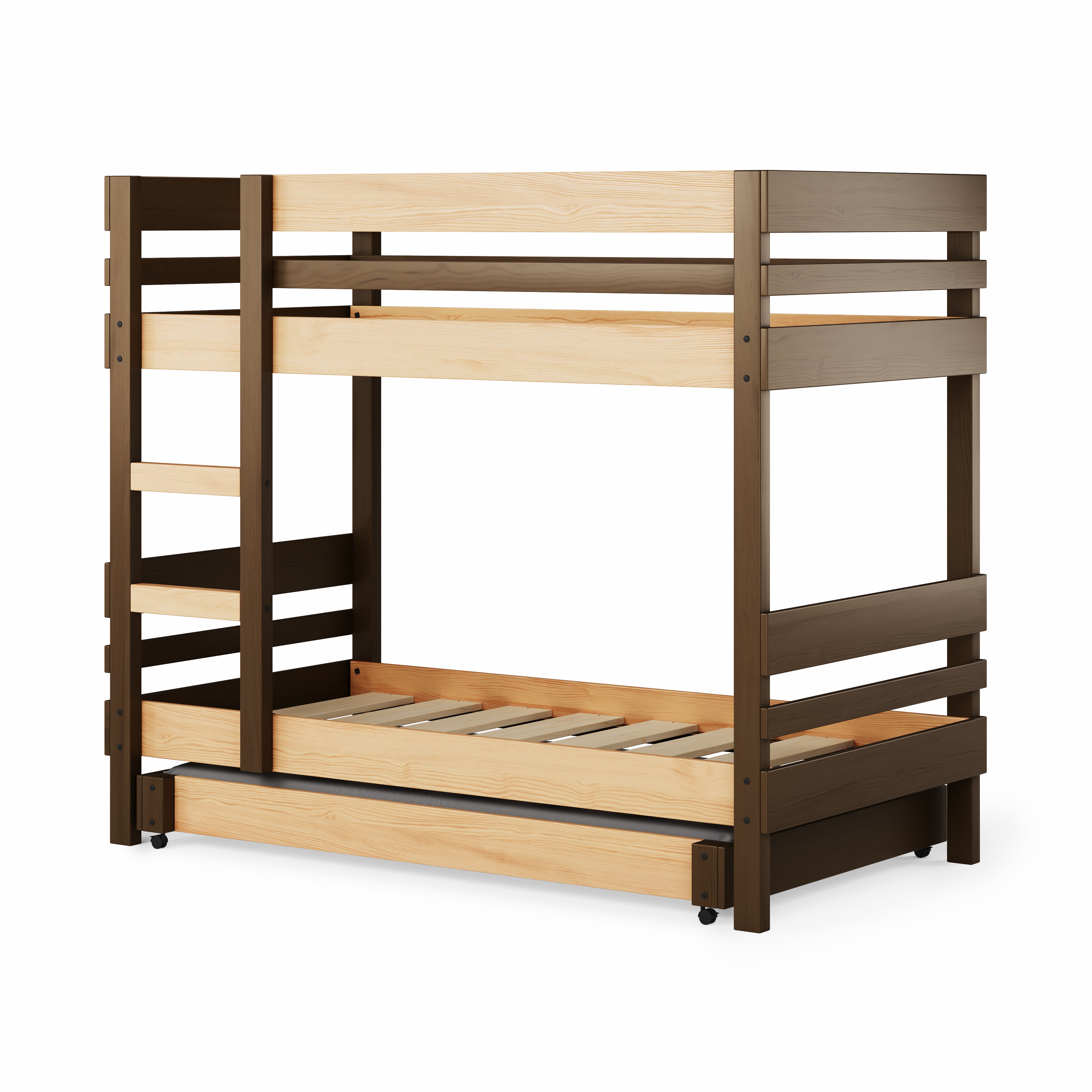 Native elm bunk bed with side ladder access and slatted base, trundle storage underneath.