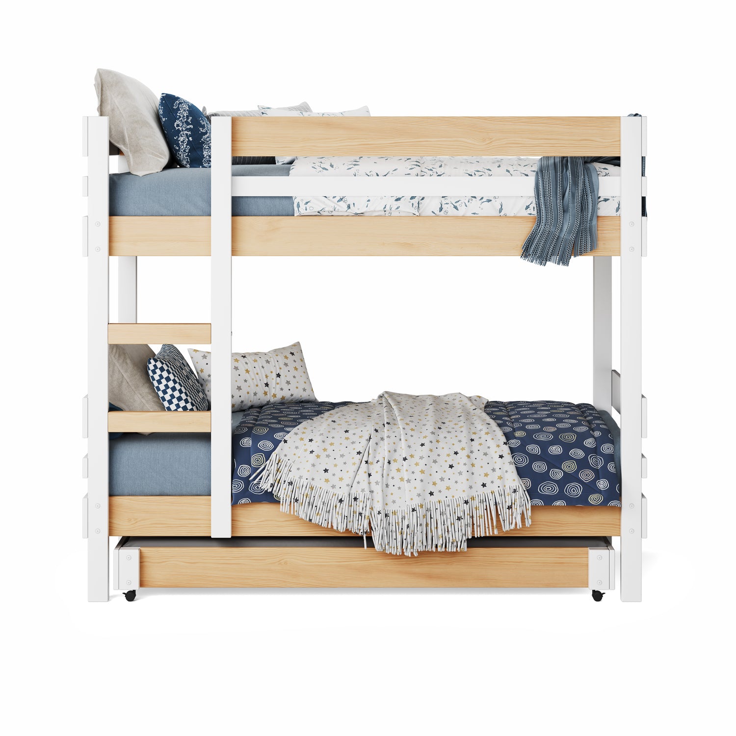White and natural wood bunk bed with side ladder access and patterned blue bedding.