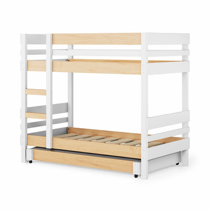White and natural wood bunk bed with side ladder access and lower pull-out trundle frame.