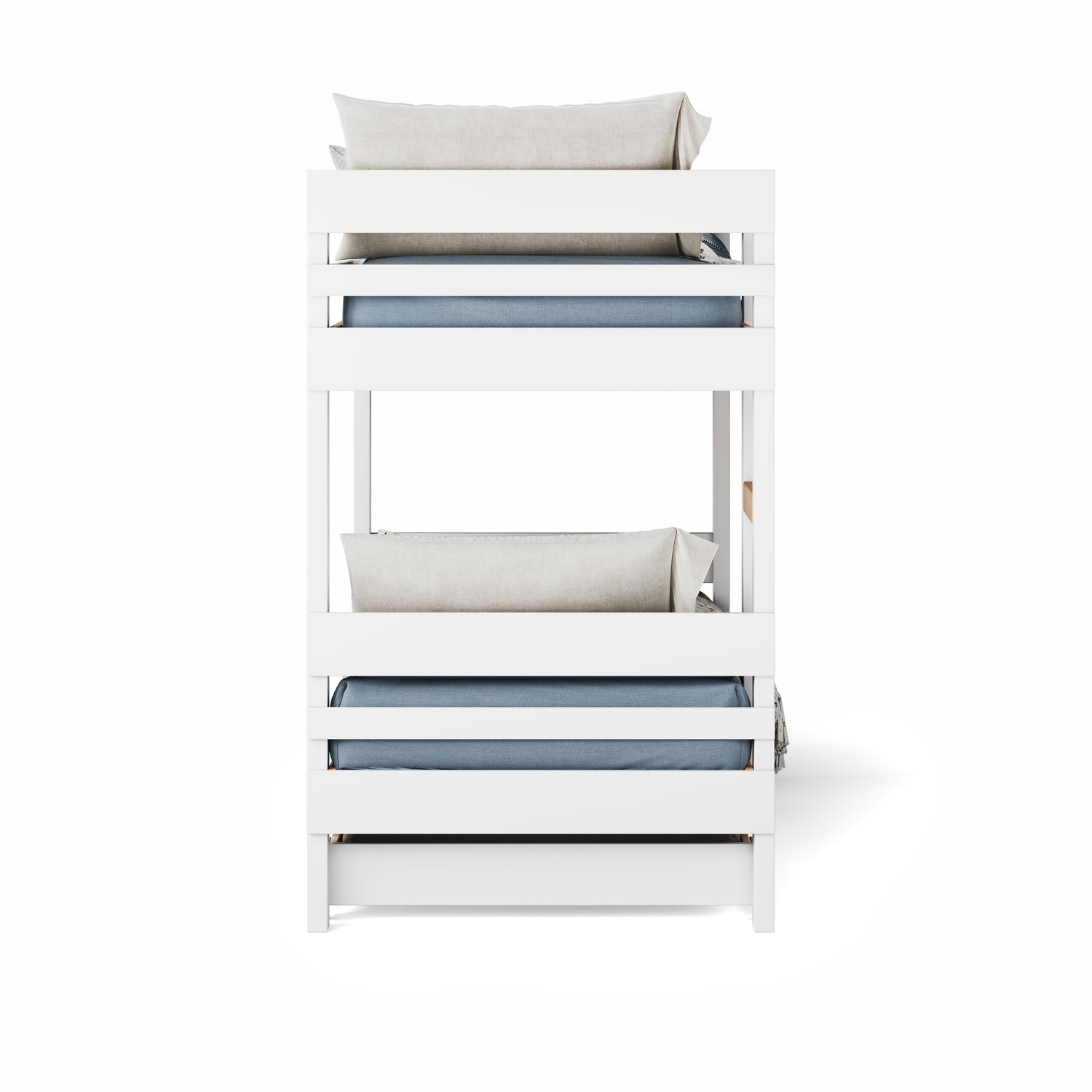White bunk bed with side ladder access and blue mattresses, minimalist design.