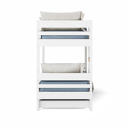 White bunk bed with side ladder access and blue mattresses, minimalist design.
