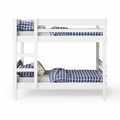 White wooden bunk bed with side ladder access and blue checkered bedding.