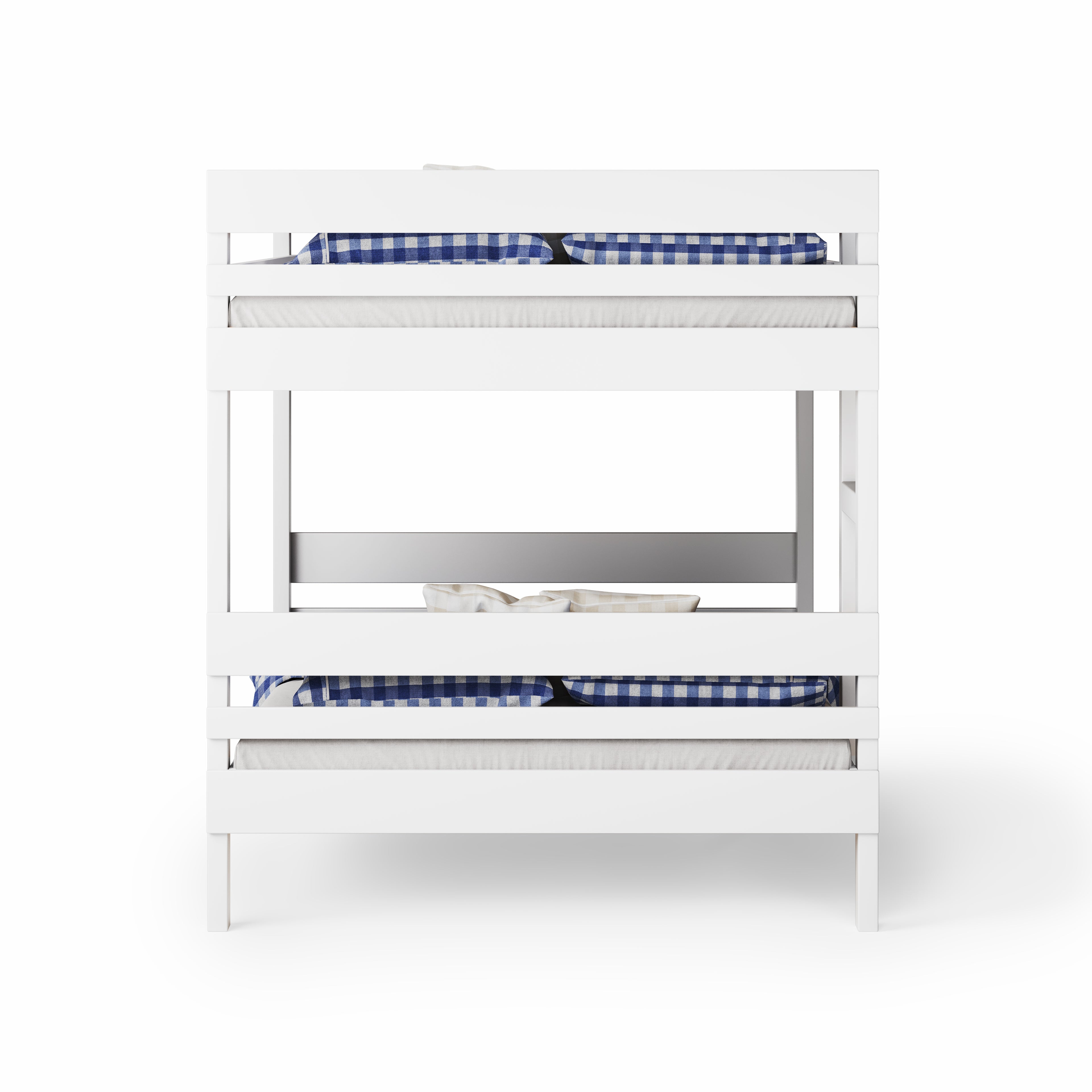 White bunk bed with side ladder access and navy blue checkered bedding.