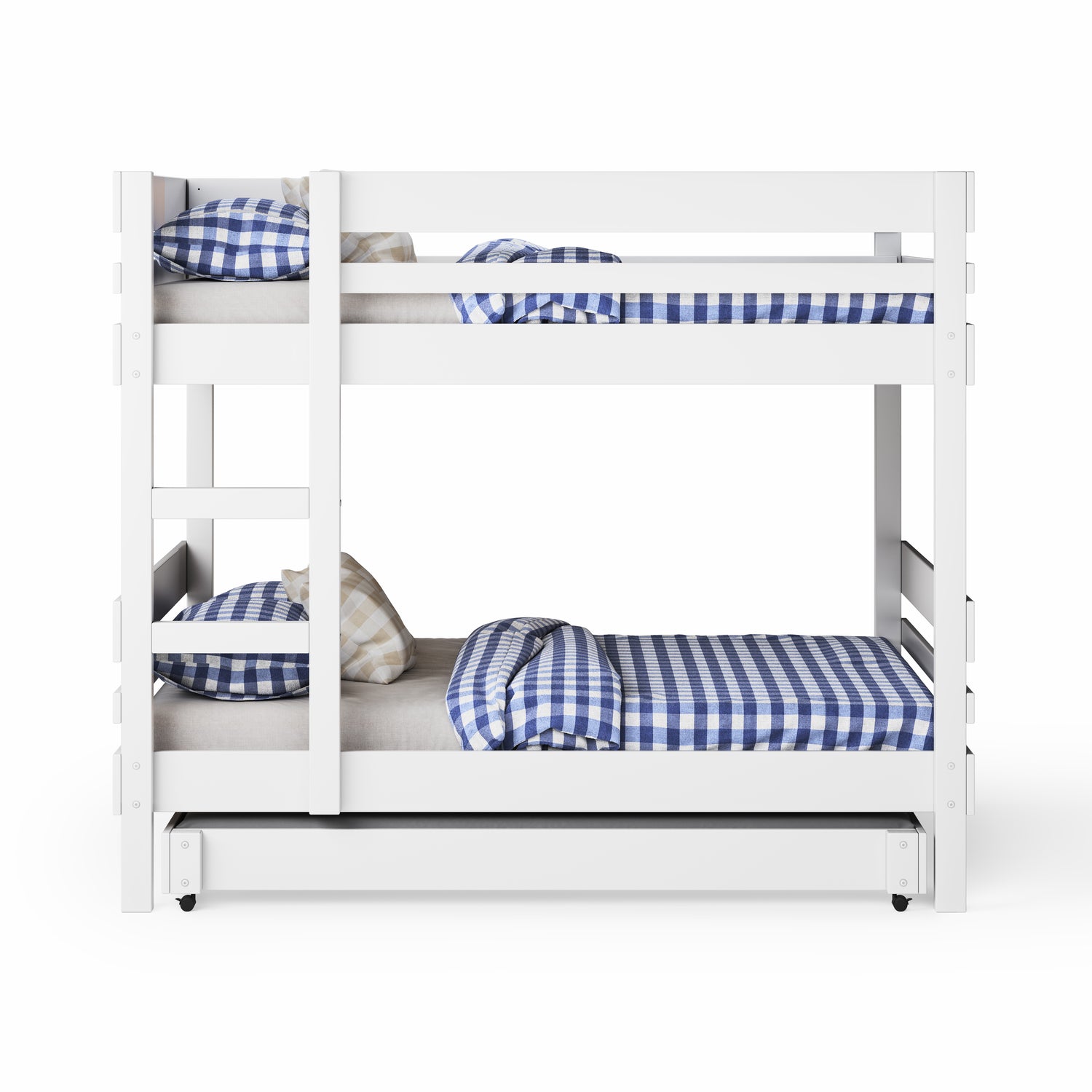 White wooden bunk bed with side ladder access and blue checkered bedding.