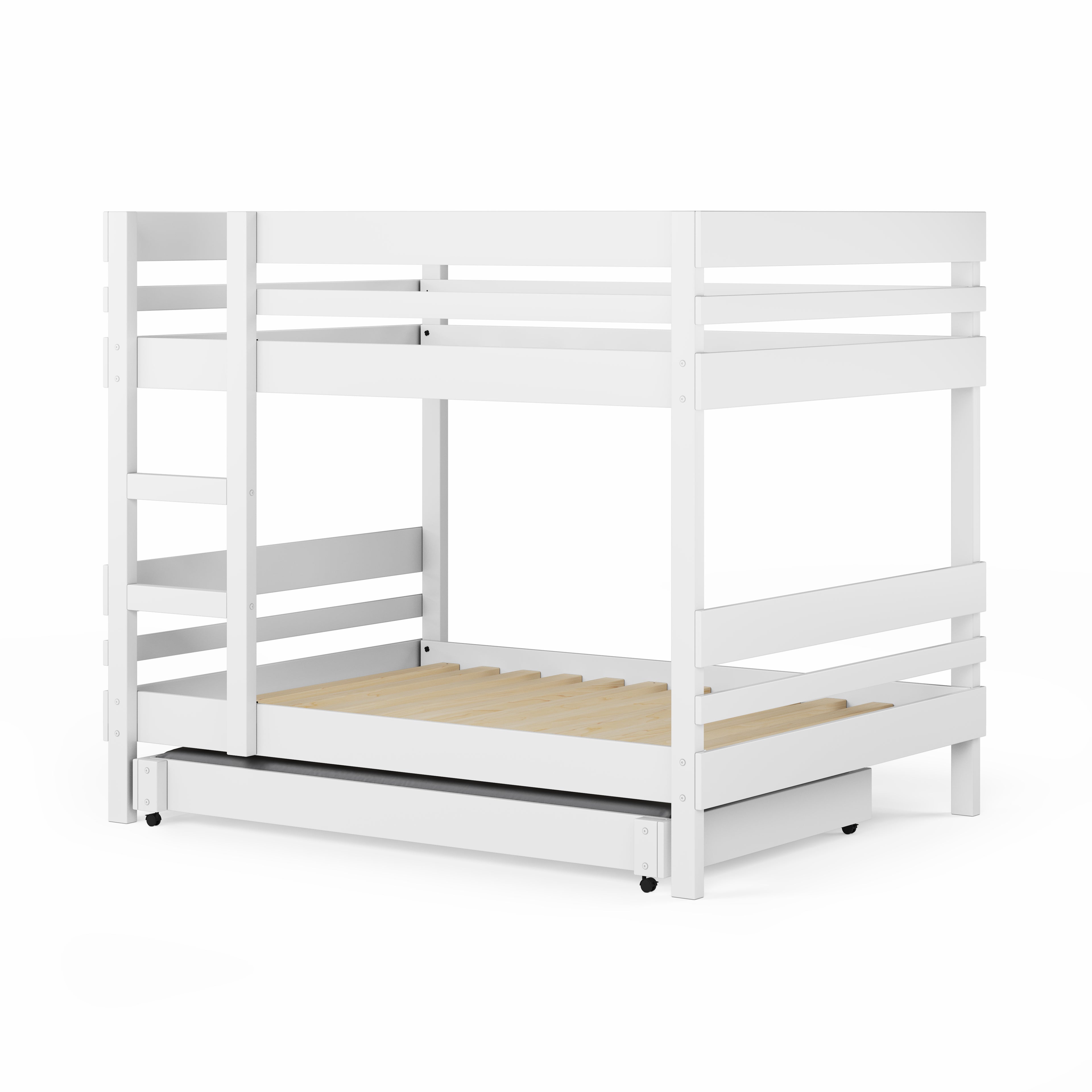 White wooden bunk bed with side ladder access and under bed trundle drawer.