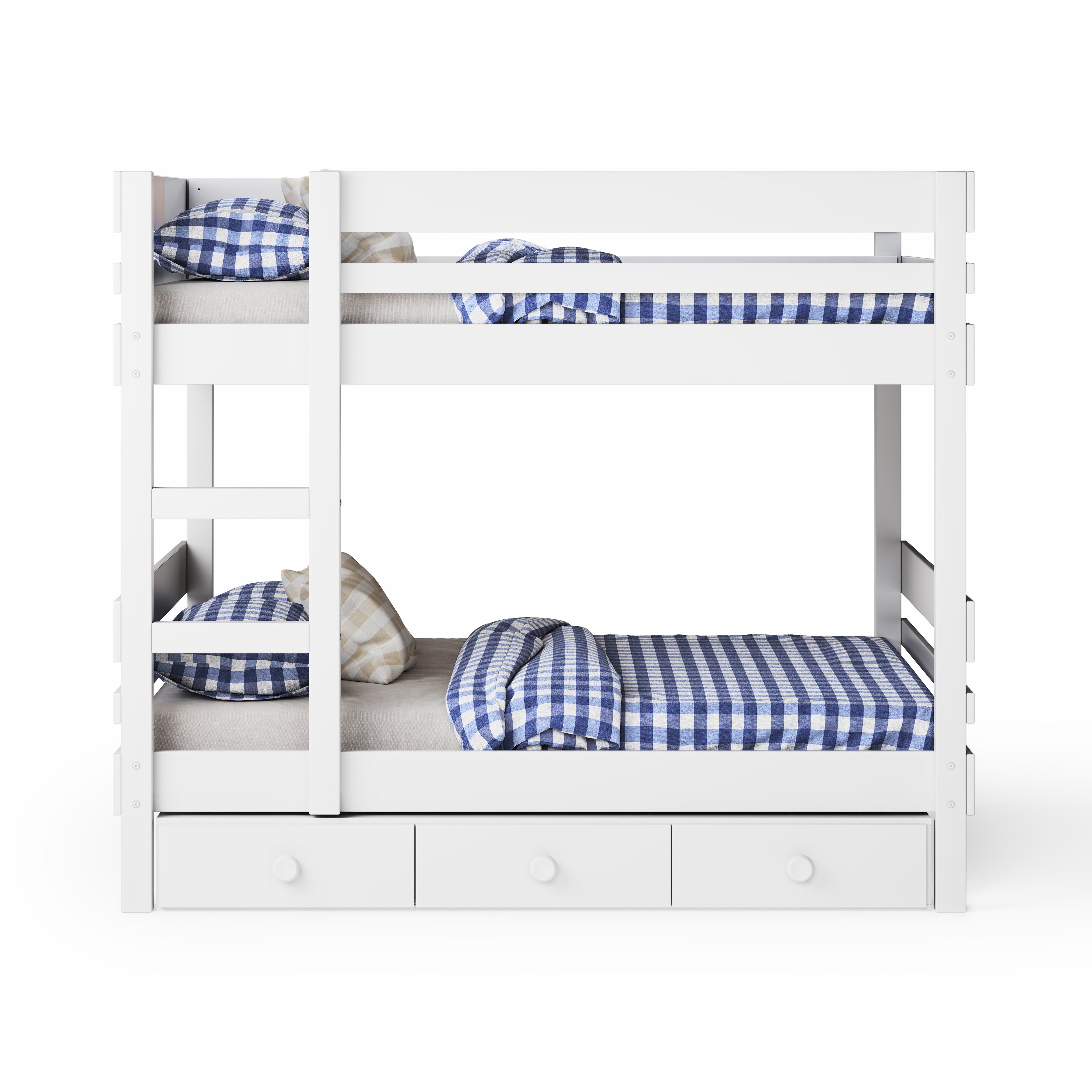 White wooden bunk bed with side ladder access and three under bed drawers, blue checkered bedding.
