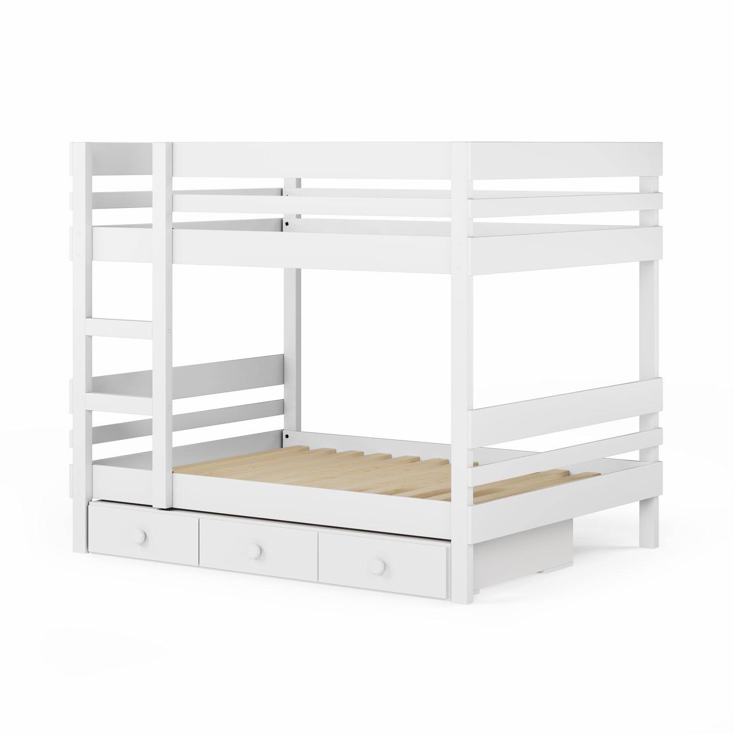 White wooden bunk bed with side ladder access and three under-bed drawers.