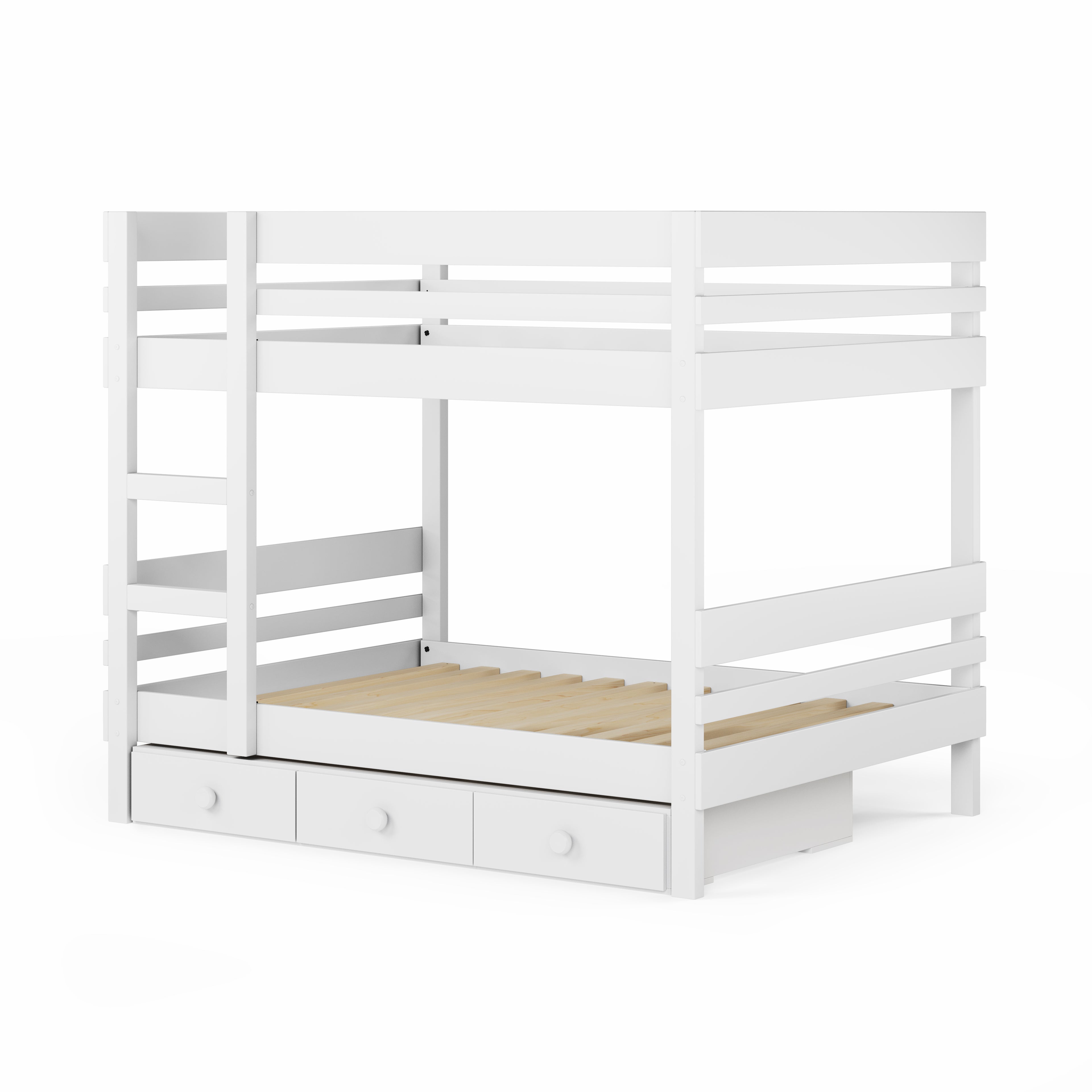 White wooden bunk bed with side ladder access and three under-bed drawers.