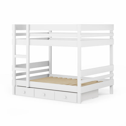 White wooden bunk bed with side ladder access and three under-bed drawers.
