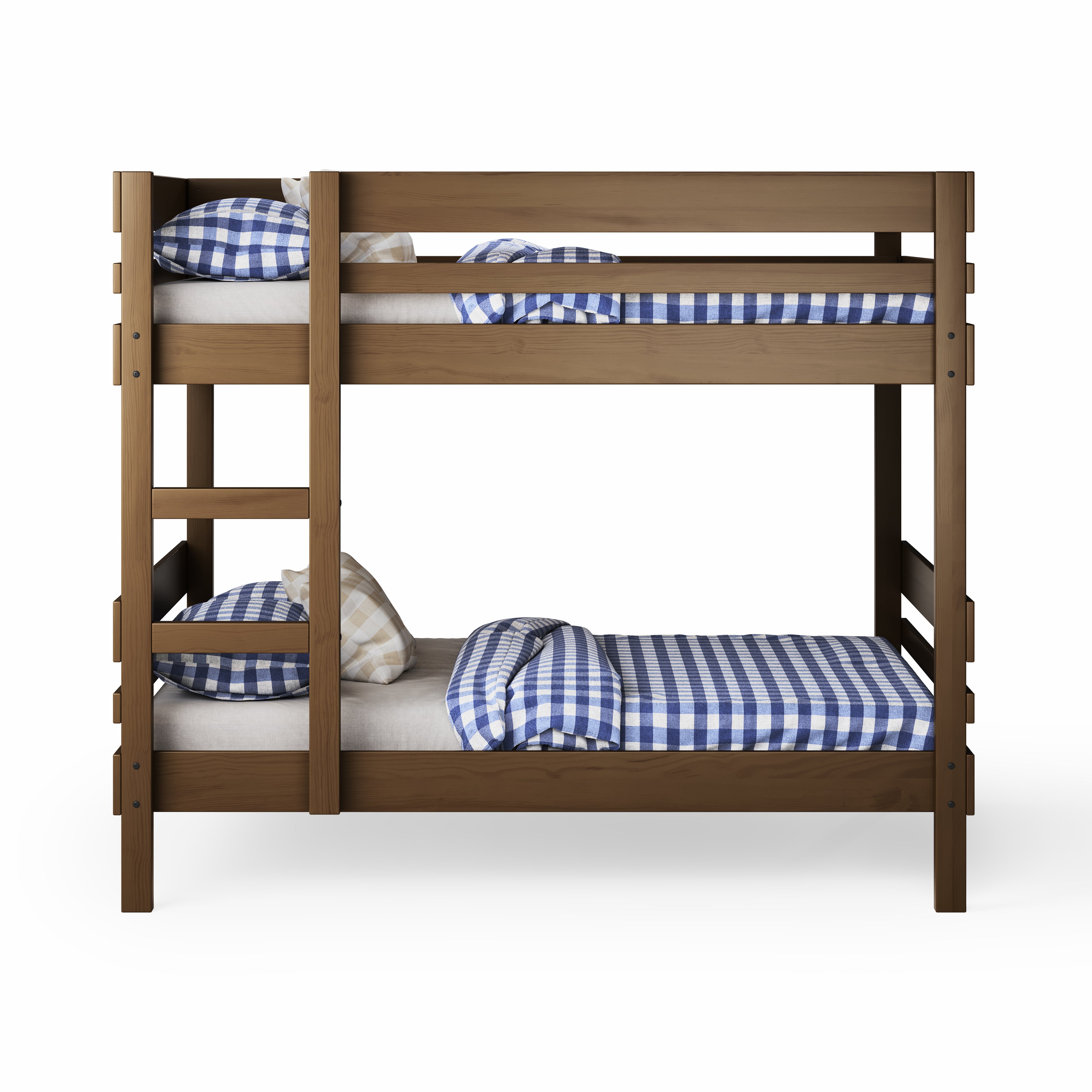 Native elm bunk bed with side ladder access and blue checkered bedding.