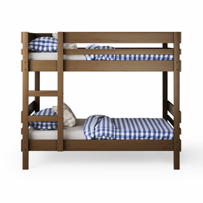 Native elm bunk bed with side ladder access and blue checkered bedding.