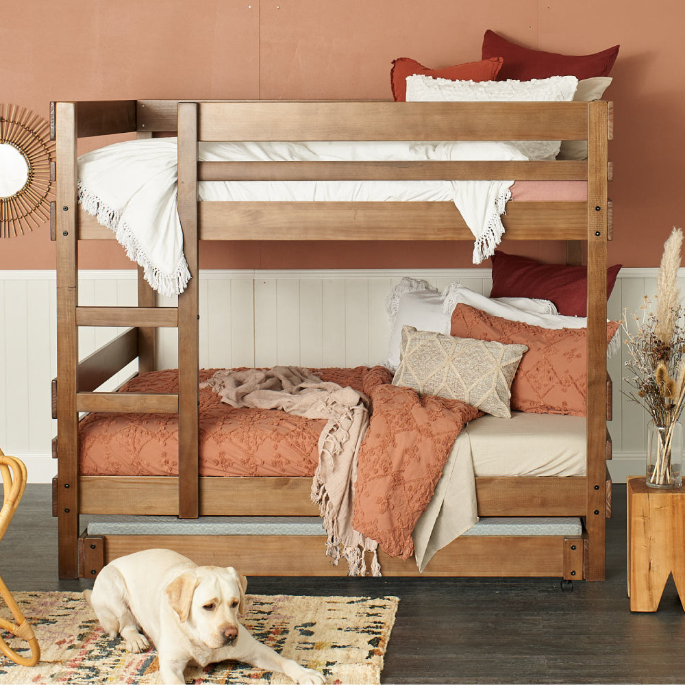 Timber double ob double bunk bed with trundle bed.  finish_native-elm 