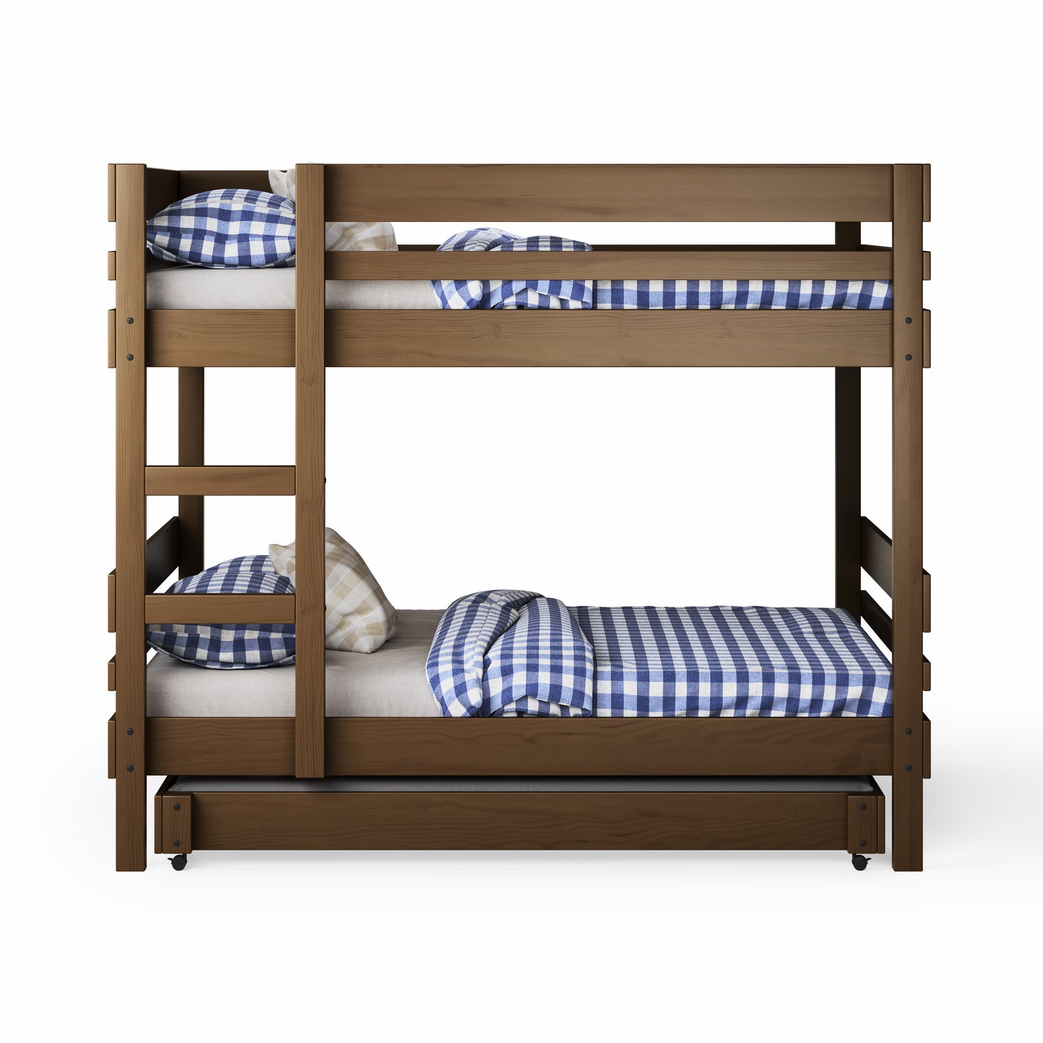 Native elm bunk bed with side ladder access and blue checkered bedding on both bunks.