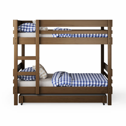 Native elm bunk bed with side ladder access and blue checkered bedding on both bunks.