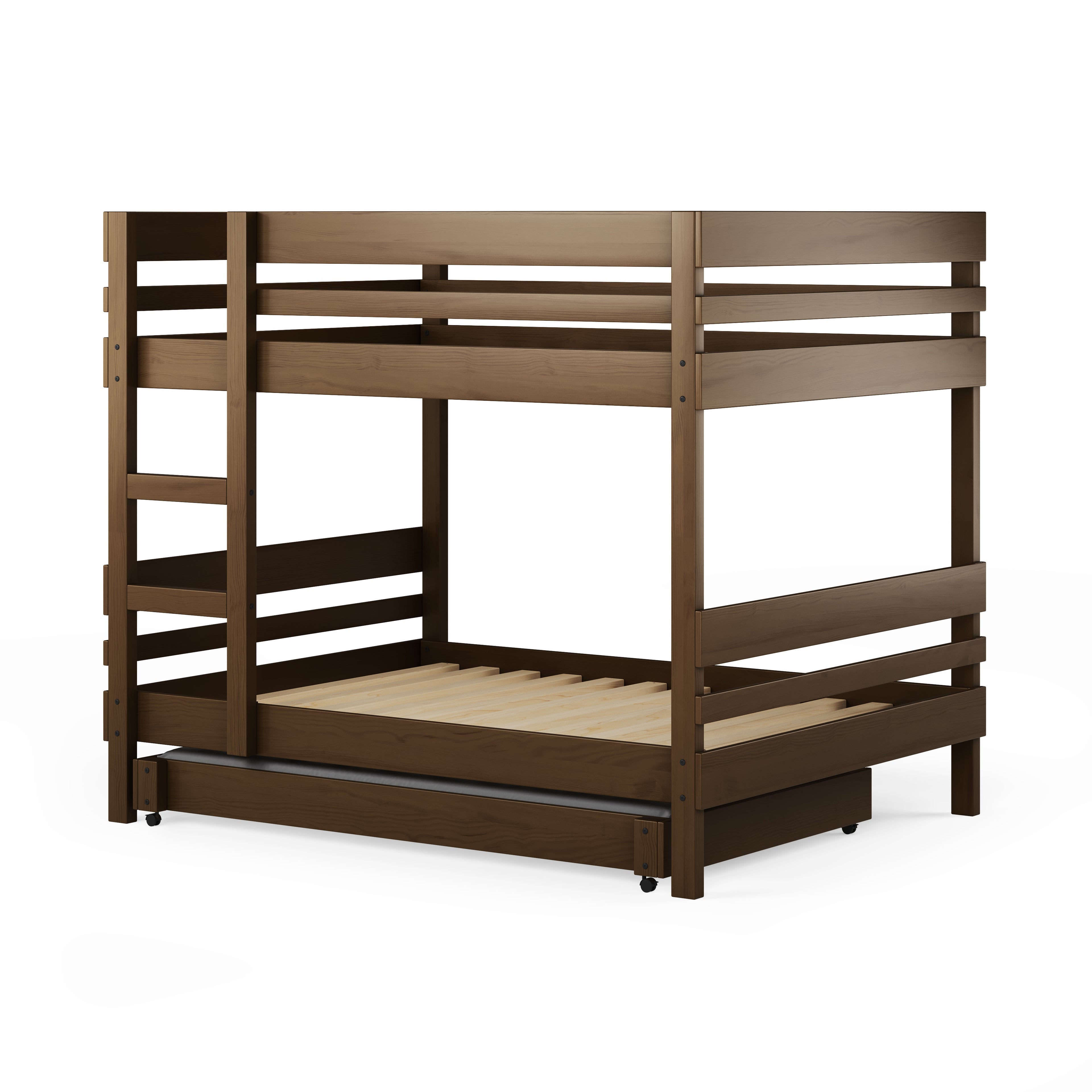 Wooden bunk bed with side ladder access and solid slatted guardrails in native elm finish.