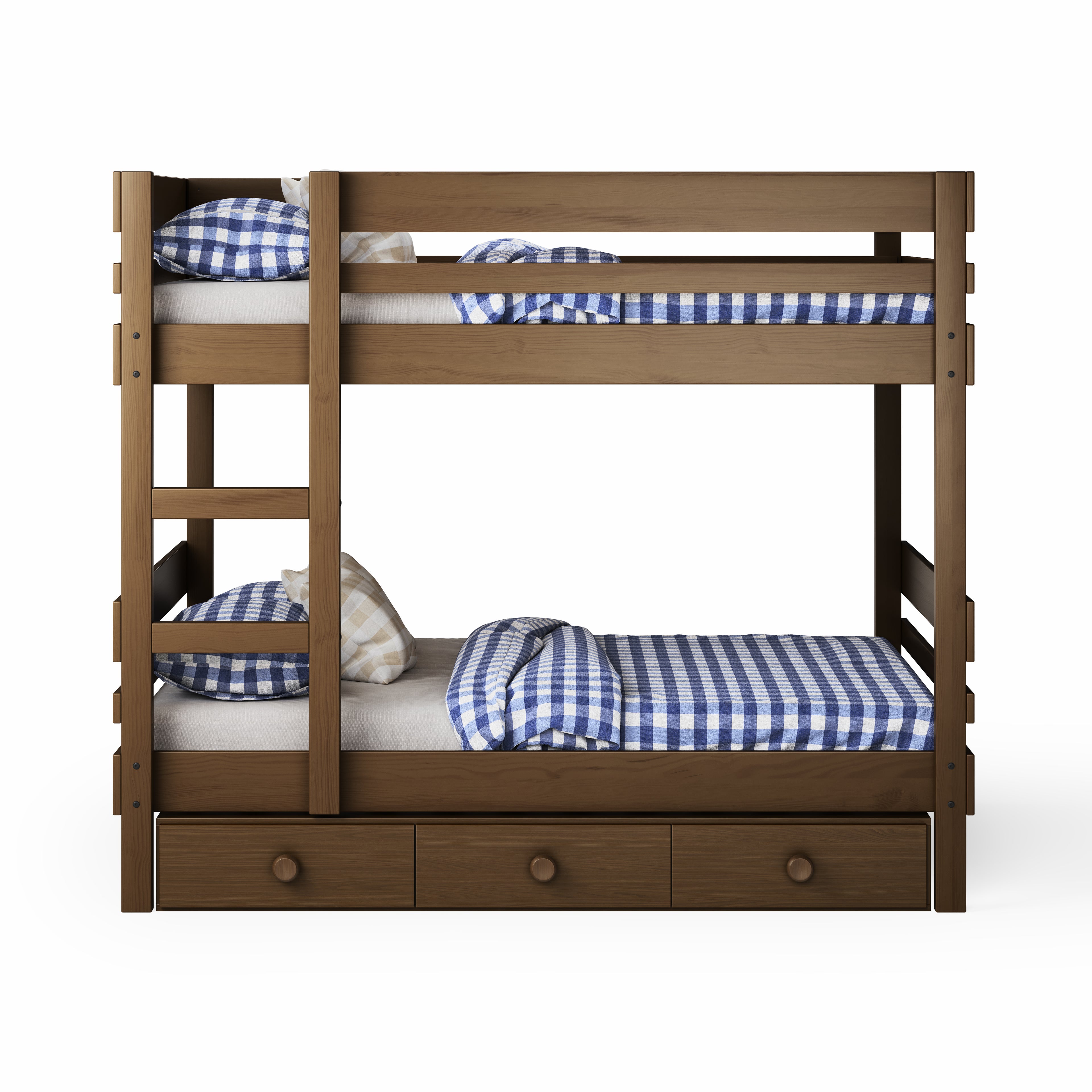 Native elm bunk bed with side ladder access and three under-bed drawers, blue check bedding.