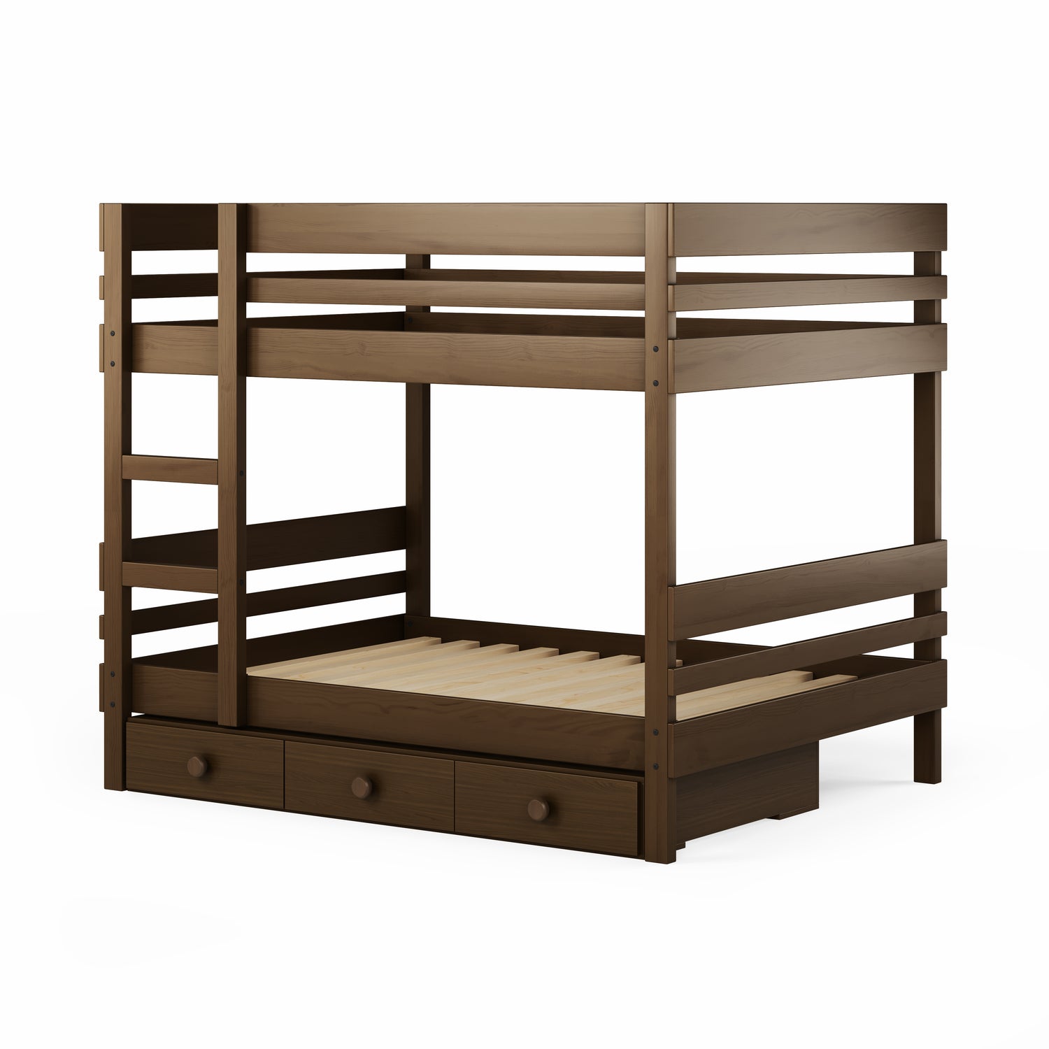 Native elm bunk bed with side ladder access and integrated under bed drawers.