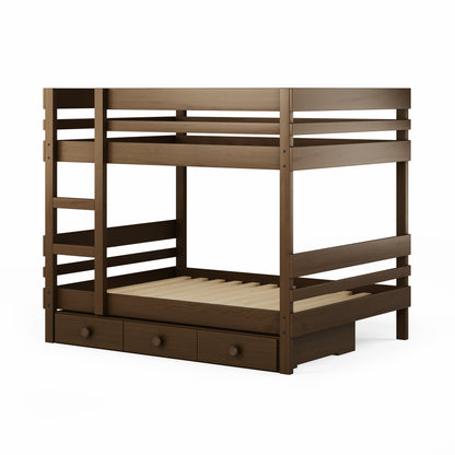 Native elm bunk bed with side ladder access and integrated under bed drawers.
