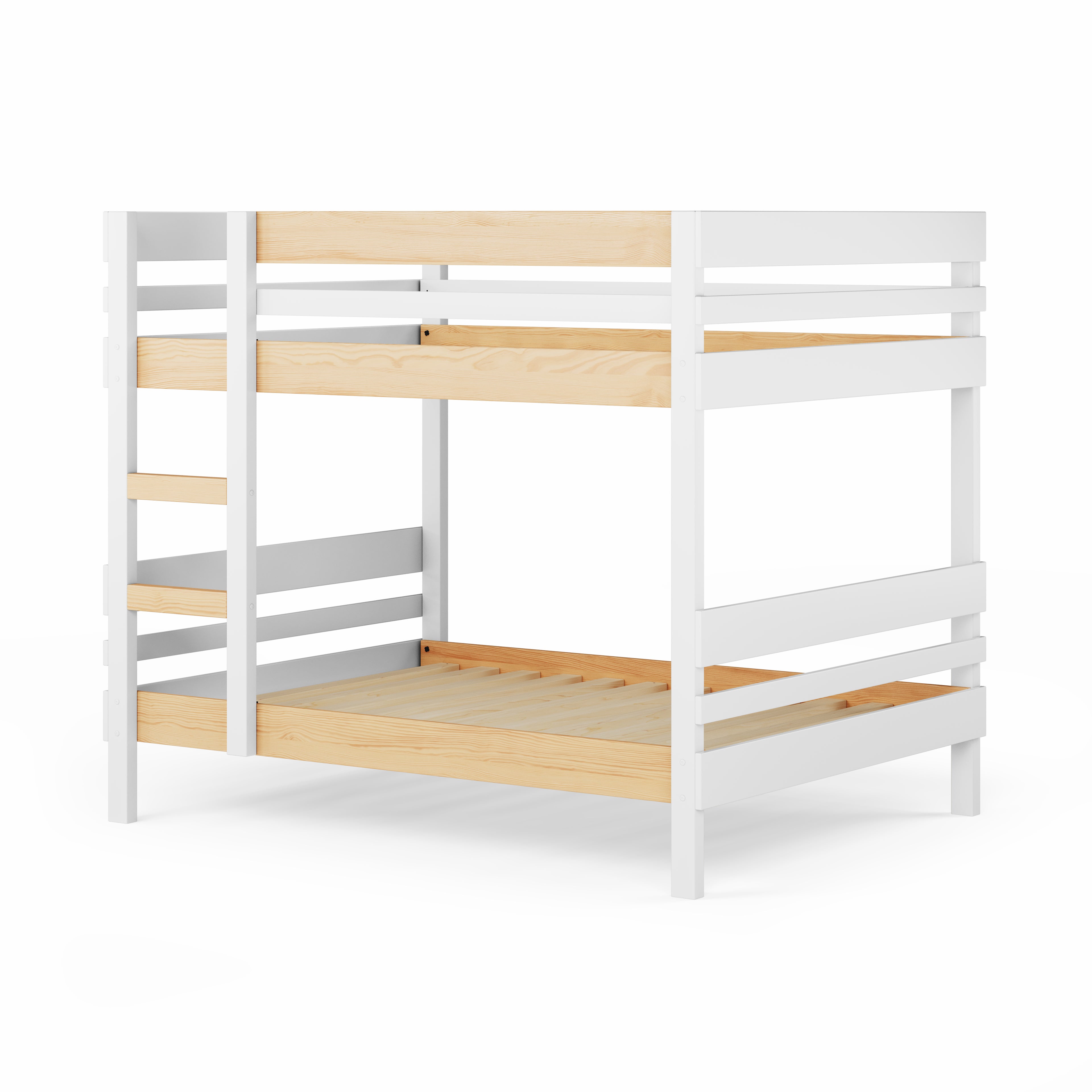 White wooden bunk bed with side ladder access and natural wood slats, minimalist design.