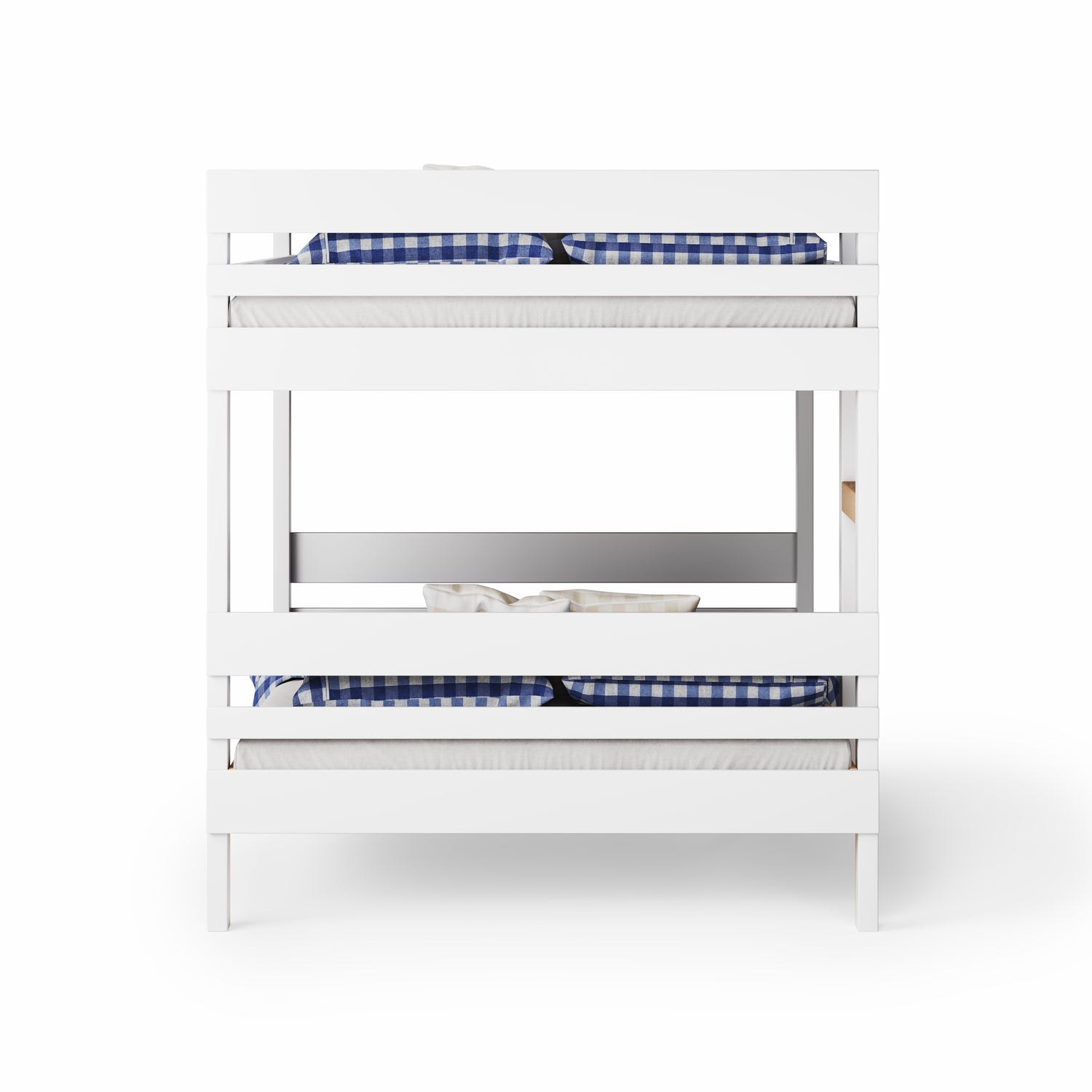 White wooden bunk bed with side ladder access and blue checkered bedding.