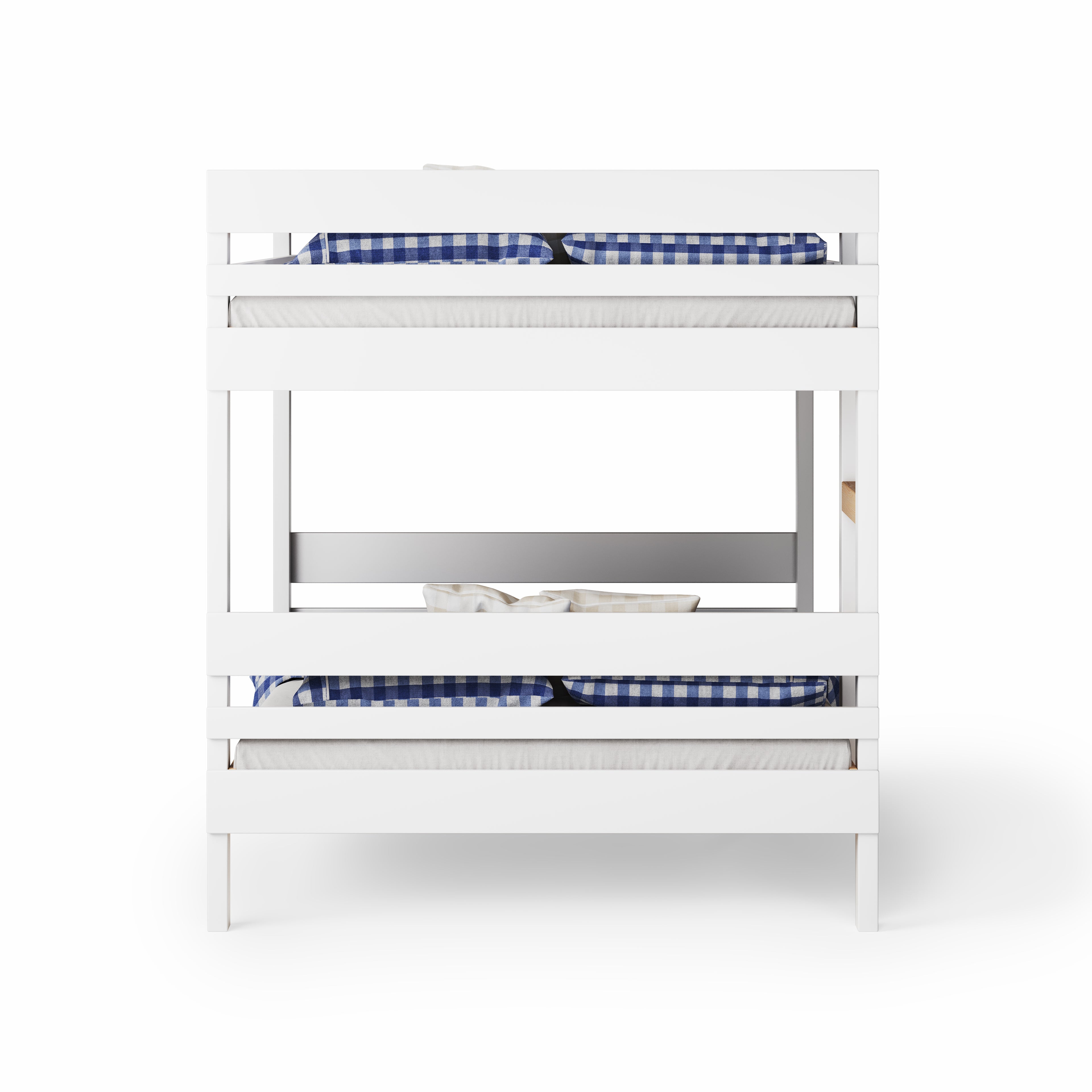 White wooden bunk bed with side ladder access and blue checkered bedding.