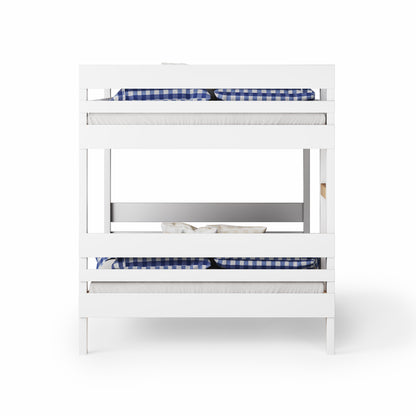 White wooden bunk bed with side ladder access and blue checkered bedding.