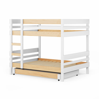 White bunk bed with side ladder access and light wood accents, modern design.