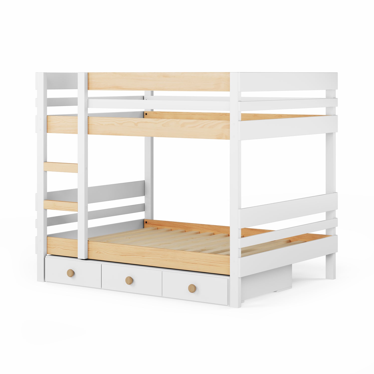 White wooden bunk bed with side ladder access and built-in drawers underneath.