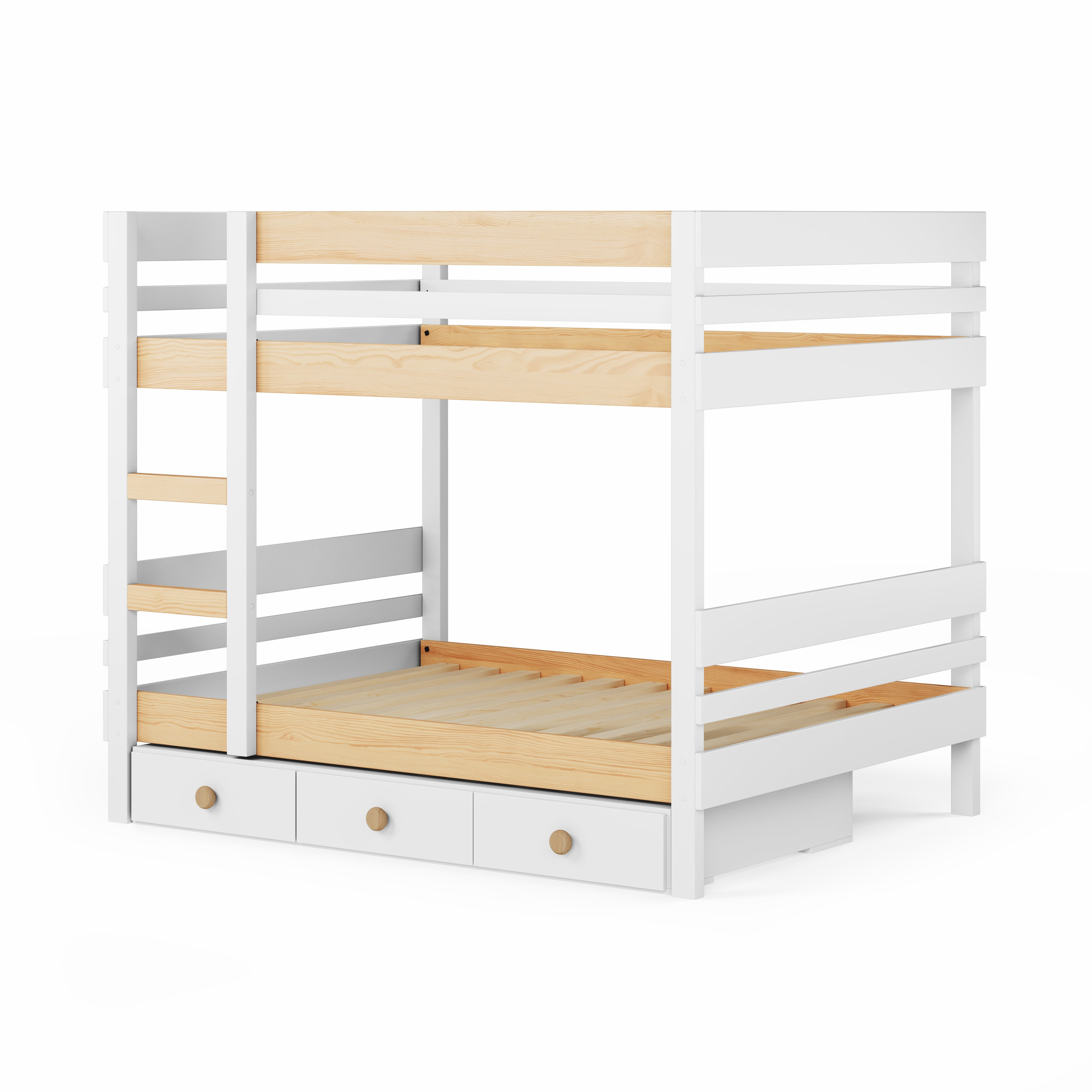 White wooden bunk bed with side ladder access and built-in drawers underneath.