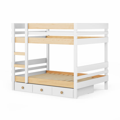 White wooden bunk bed with side ladder access and built-in drawers underneath.
