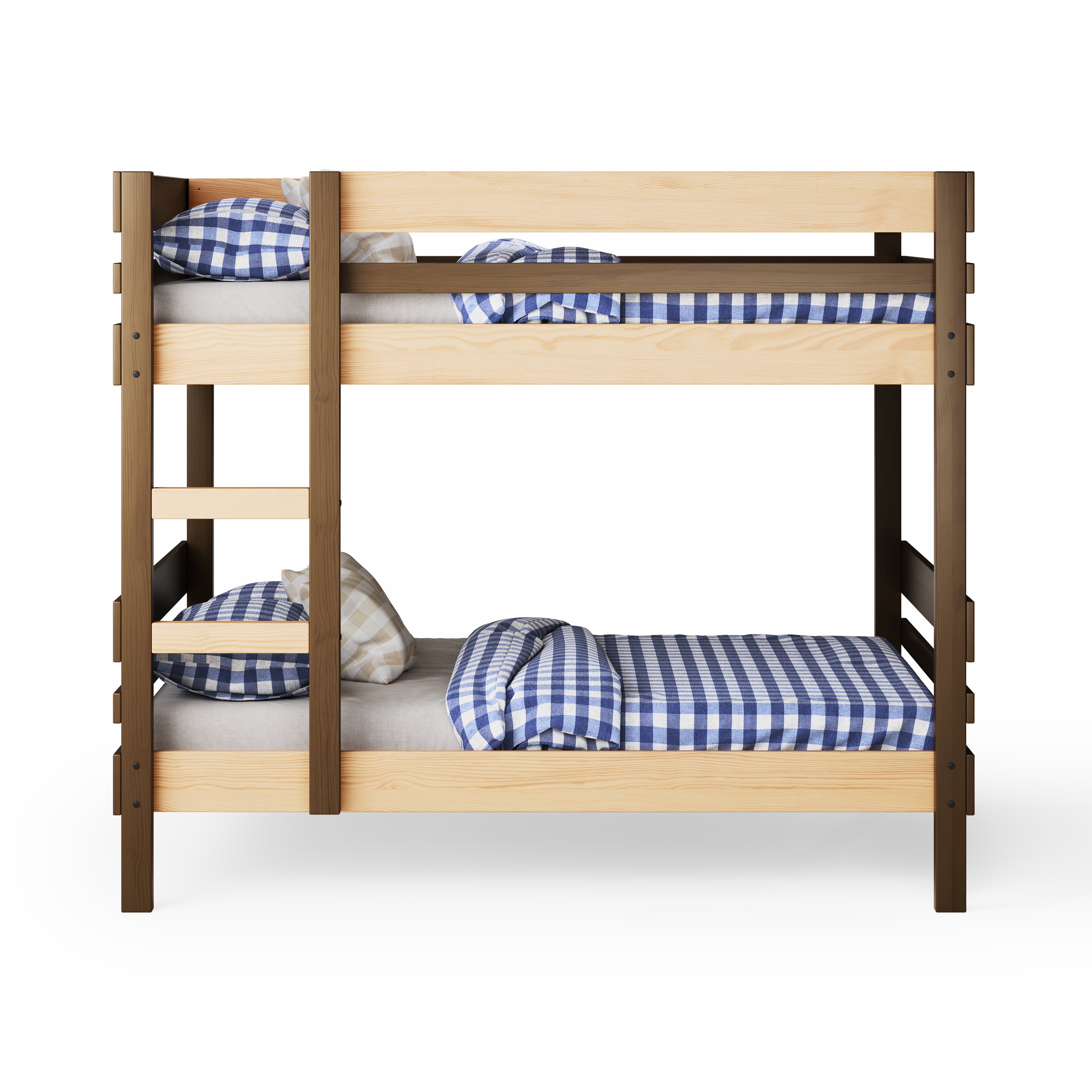 Natural elm bunk bed with side ladder access and blue gingham bedding.