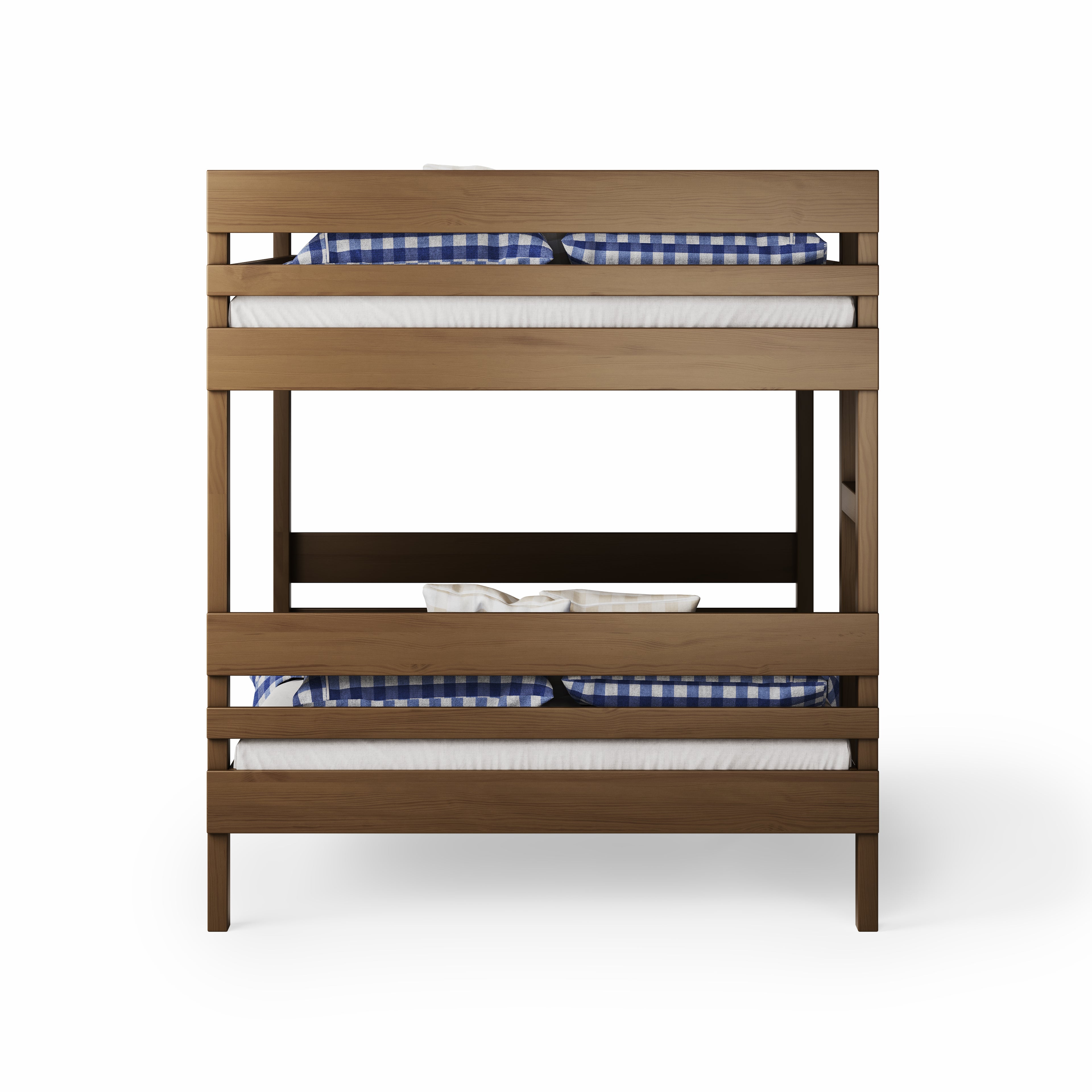Wooden bunk bed with side ladder access and blue checkered bedding.