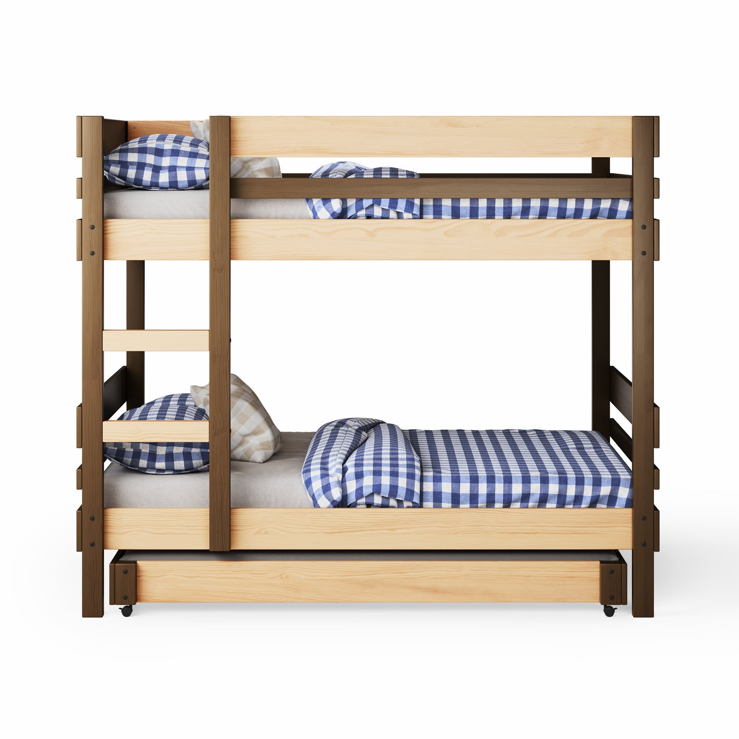 Wooden bunk bed with side ladder access and blue checkered bedding.