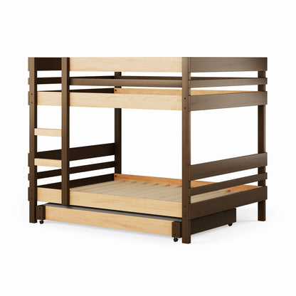 Wood bunk bed with side ladder access in natural elm finish, simple slat design.