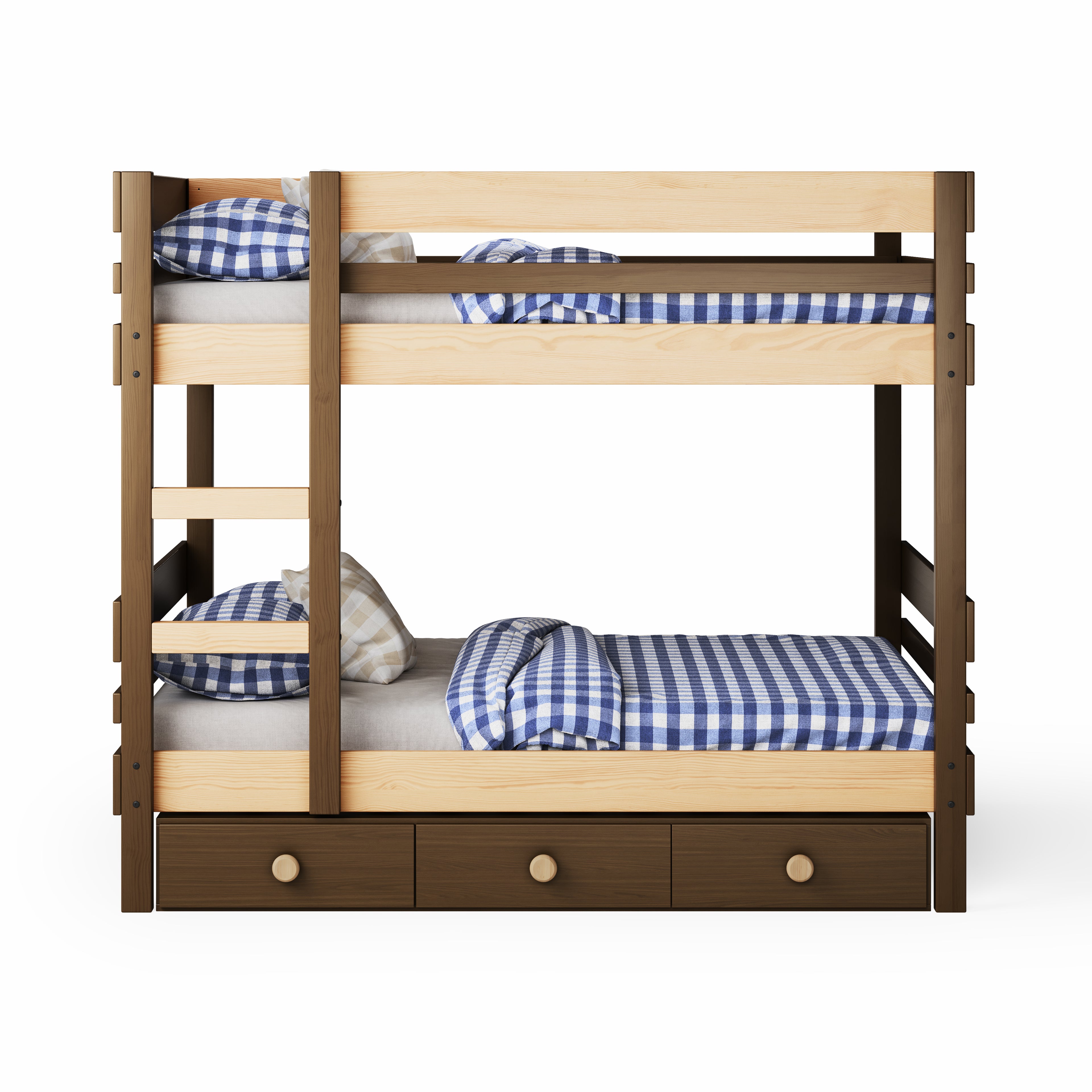 Wooden bunk bed with side ladder access and three under-bed drawers, blue checkered bedding.